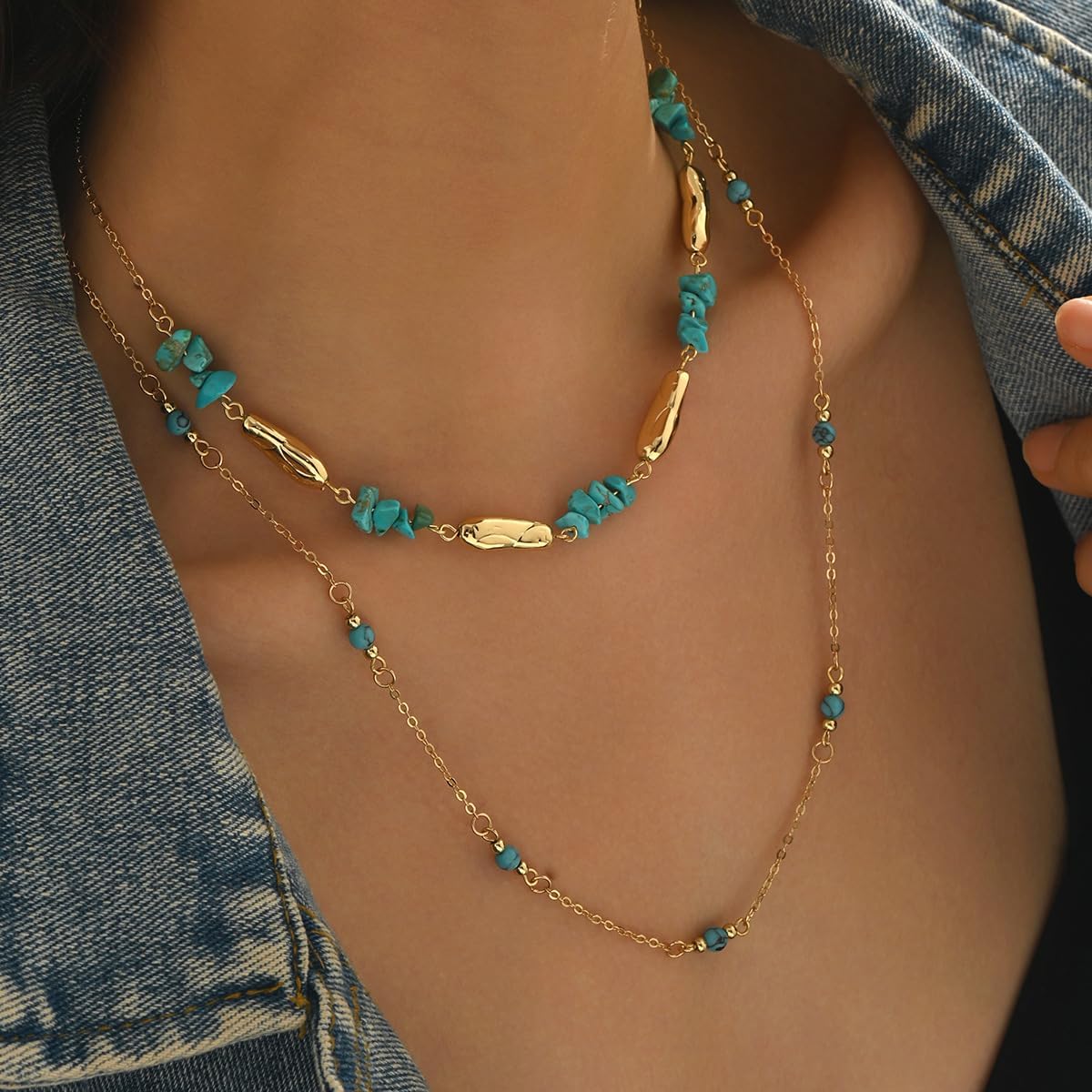 Layered Boho Necklaces for Women Vintage Adjustable Irregular Turquoise Splicing Choker Necklace Exquisite Long Gold Beaded Chain Country Necklace Western Jewelry for Women