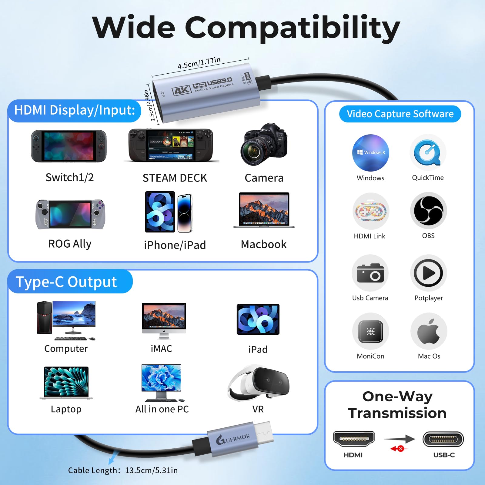 Guermok Scheda di Acquisizione HDMI 4K@60FPS, 1080P@240FPS USB 3.0 da HDMI a USB A/C per Streaming, Compatible Pad, Switch 2/1, Quest 3, Mac, PC, OBS