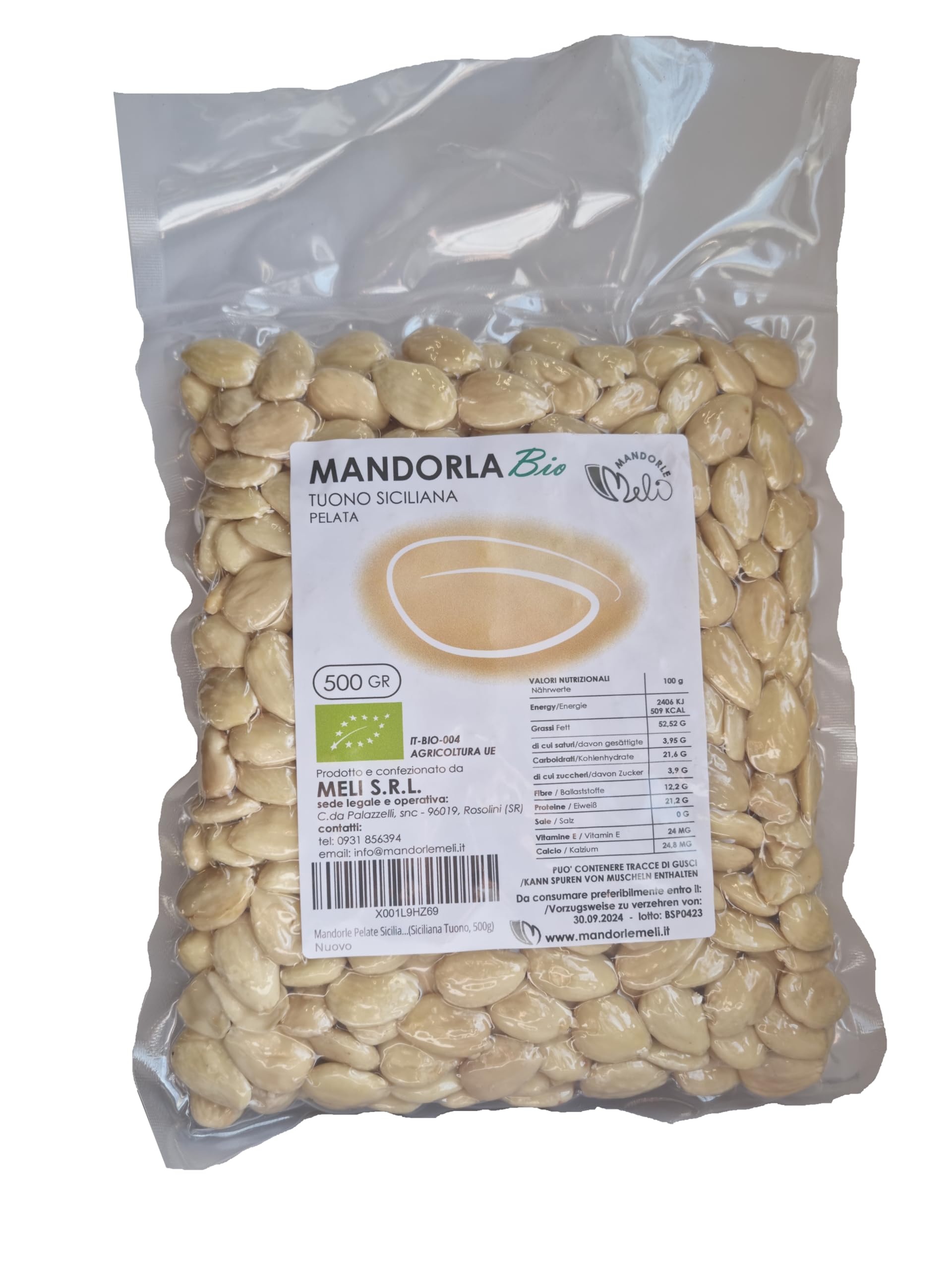 Mandorle Pelate Siciliane Bio - Frutta Secca Fonte di Vitamine e Fibre - Senza Glutine (Siciliana Tuono, 500g)
