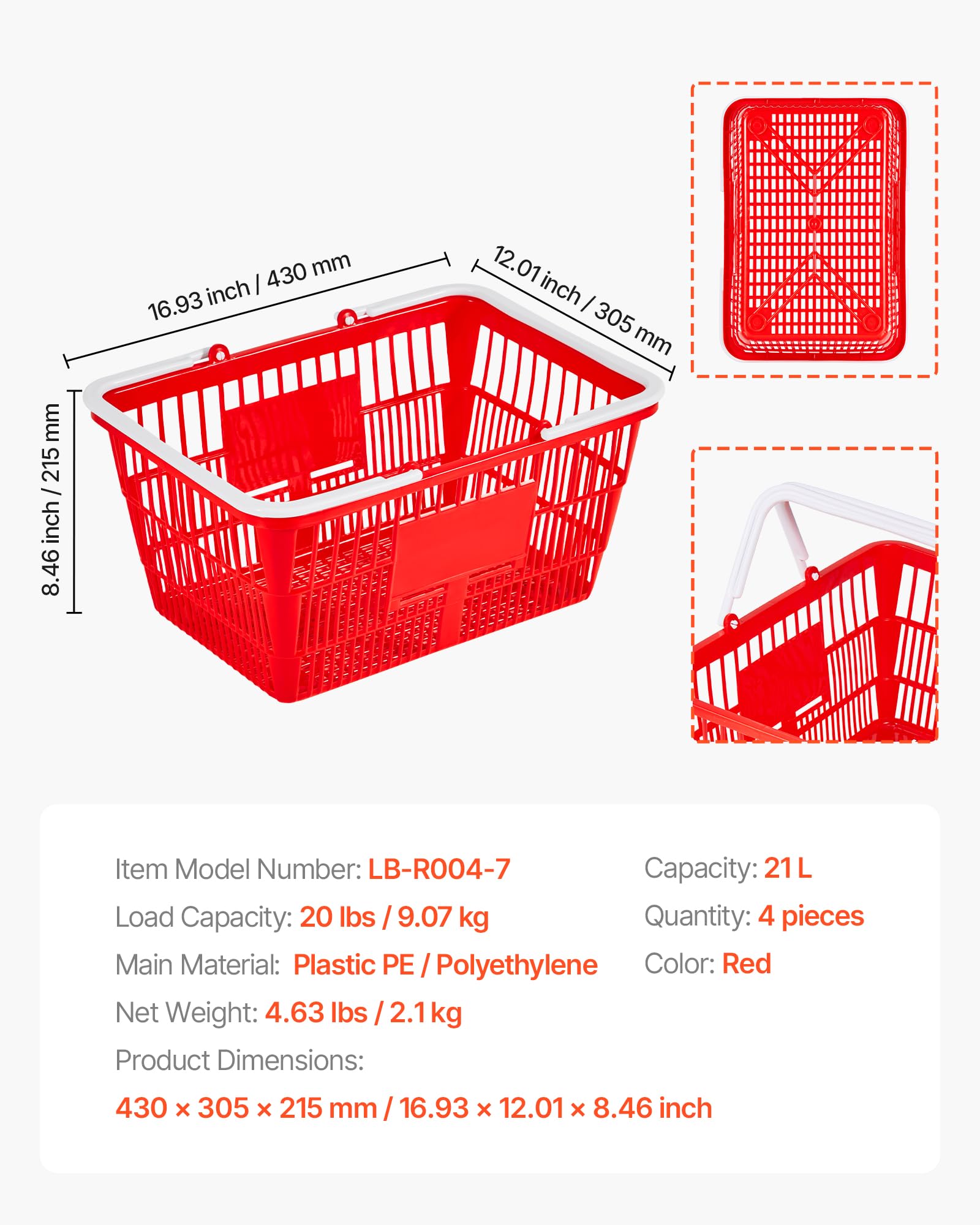 VEVOR Panier de Courses Plastique PE Panier à Provisions Empilables, Lot de 4, 21 L avec Poignées, Structure Maille Dense, Charge 9 kg, pour Épicerie, Vente au Détail, Magasins, Supermarchés, Rouge