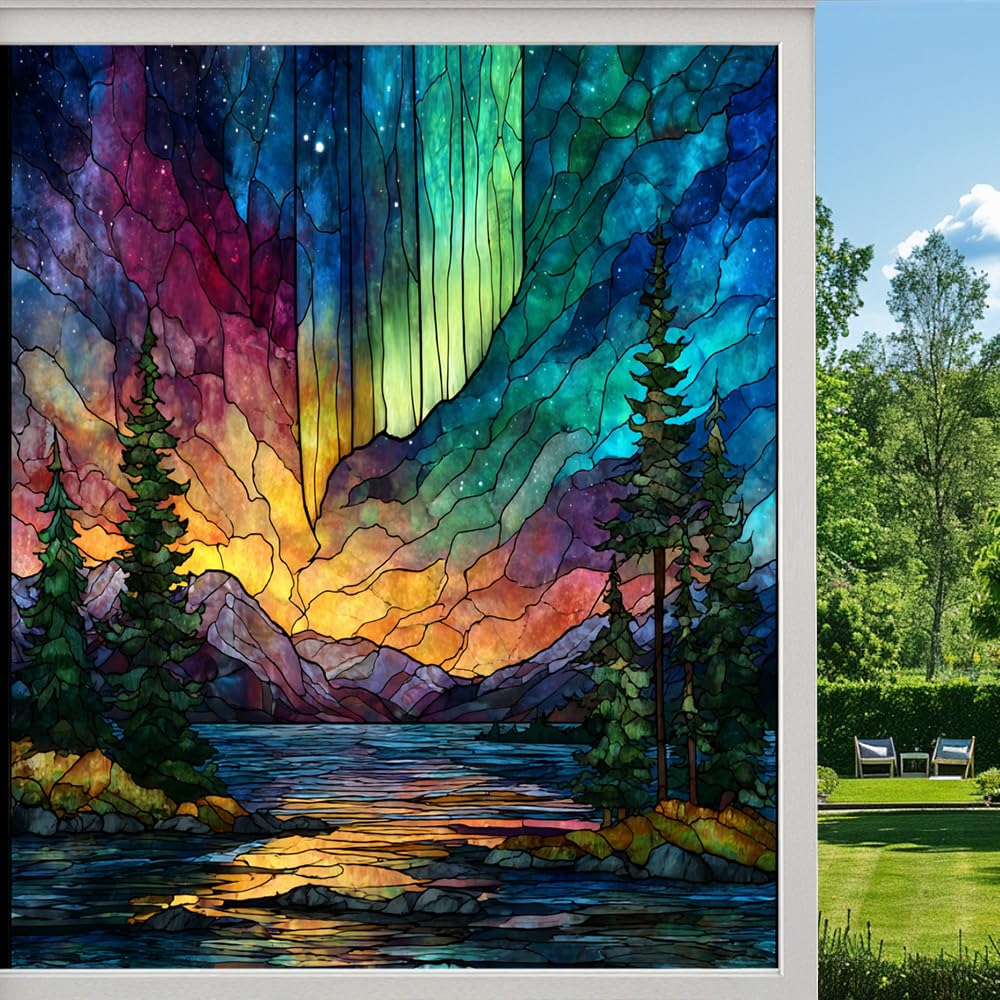 Aurora Borealis Landscape Stained Glass Window Film, Colorful Forest Mountain Lake Peel and Stick Privacy Film, Frosted Adhesive Vinyl Decorative for Bathroom Windows Glass Doors,（70x120cm）