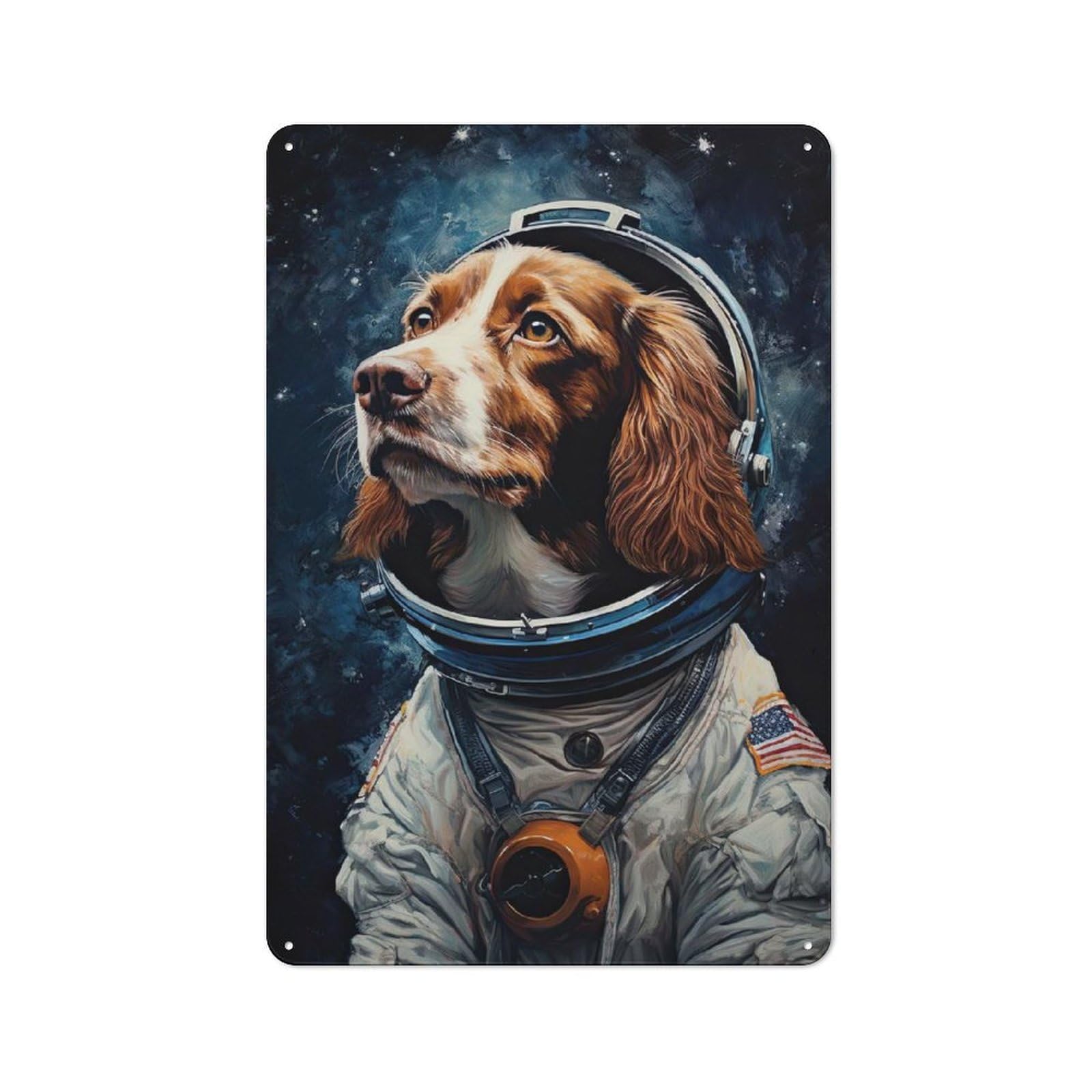 Junmoney Style-8 Brittany Spaniel Astronaut Rustic Tin Sign 30X20cm, Vintage Porch Wall Decor For Conservatory, Home Bar Or Utility Room