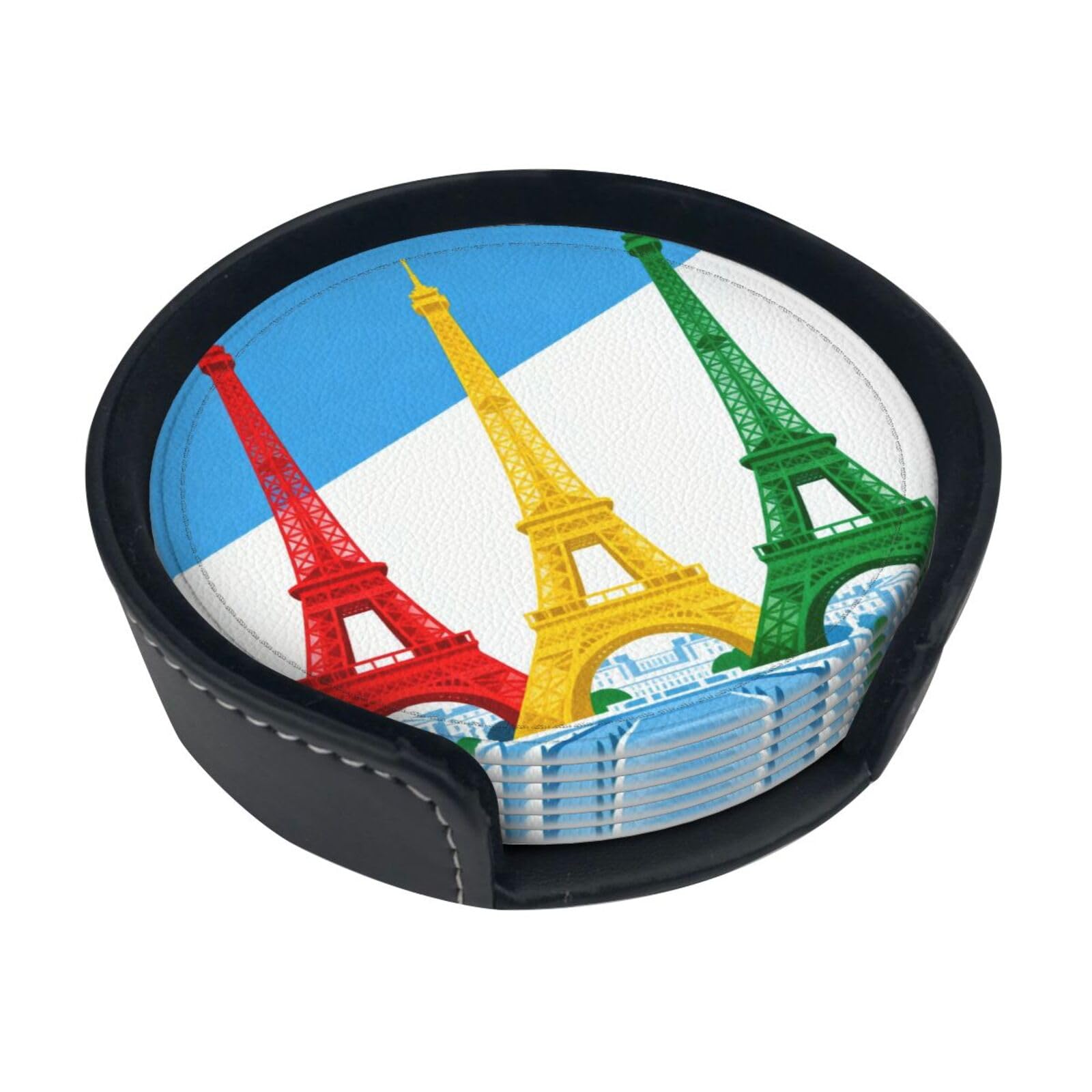 Cntdbu White Eiffel Tower Three Leather Coasters Set Of 6-Pu Leather Drink Mats For Table, Heat Resistant Round Coasters With Holder