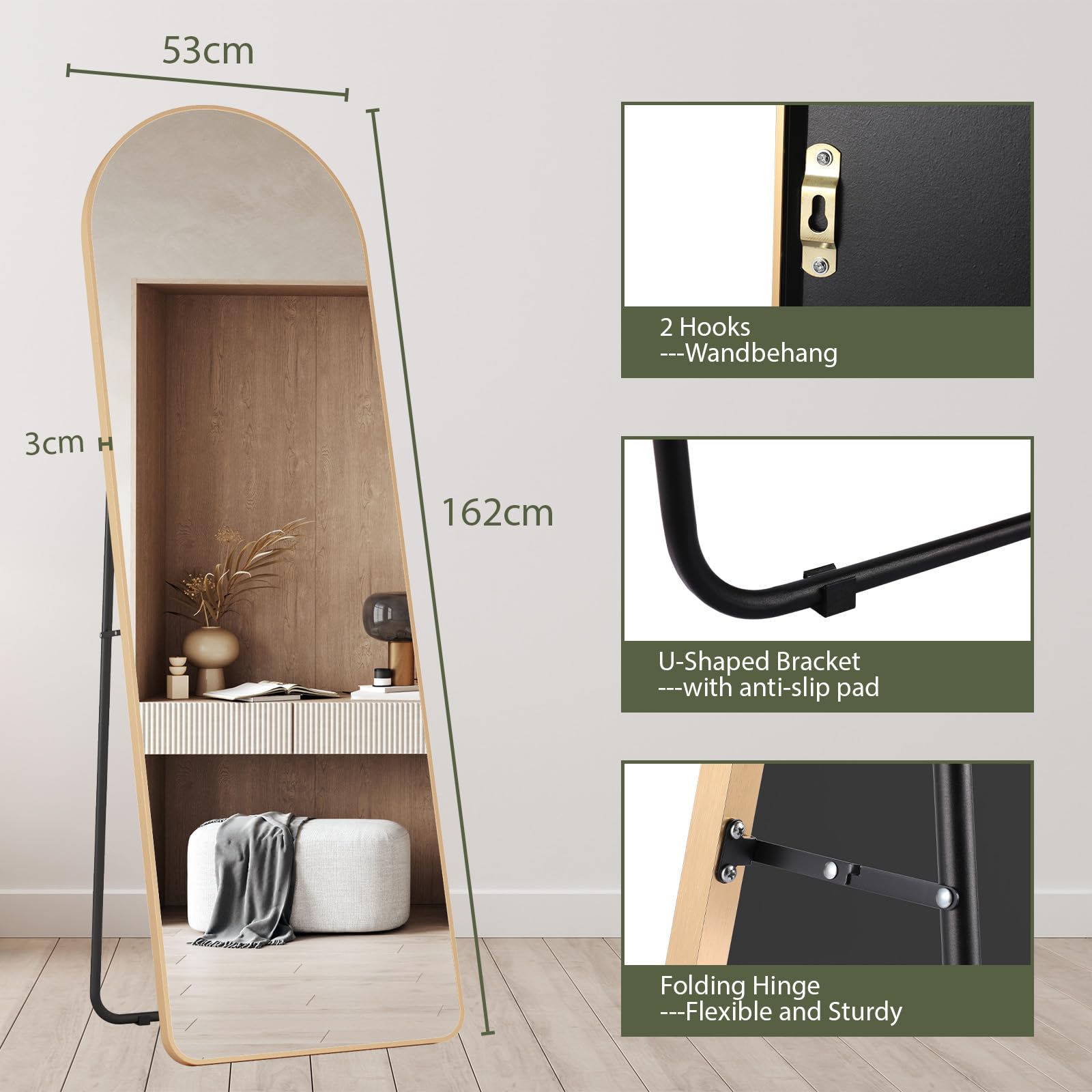 Clevich Espejo de Cuerpo Entero 162 x 53 cm con Soporte Marco de Metal Espejo de pie HD Grande con Ganchos Espejo Cuerpo Entero Espejo de Pared para Salón Dormitorio Vestidor Baño Arco Dorado