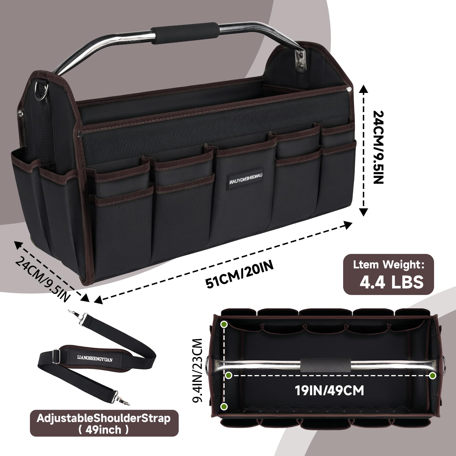 Portaherramientas de 20 pulgadas, bolsa de herramientas con parte superior abierta, 30 bolsillos, bolsa de herramientas impermeable para hombres, bolsa de herramientas plegable de boca ancha, con