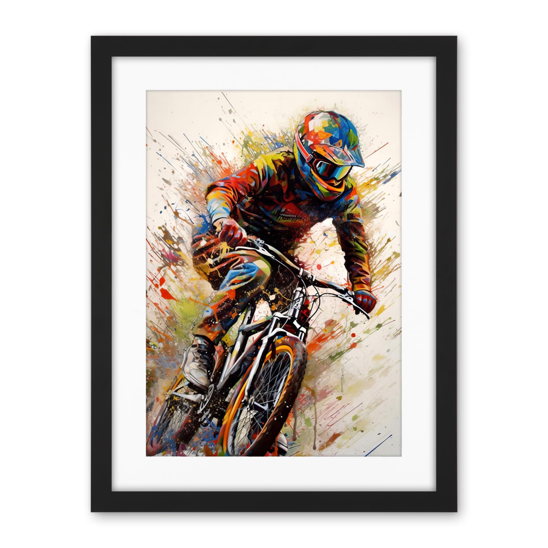 Artery8 Mountain Biker Portrait Splat Paint Action Shot Artwork Framed Wall Art Print 18X24 Inch