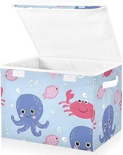 Storage Bin with Lid Octopus Crab Fish Storage Box Basket Large Collapsible Containers Organizer Cube Bedroom Shelves Clothes Closet Handles