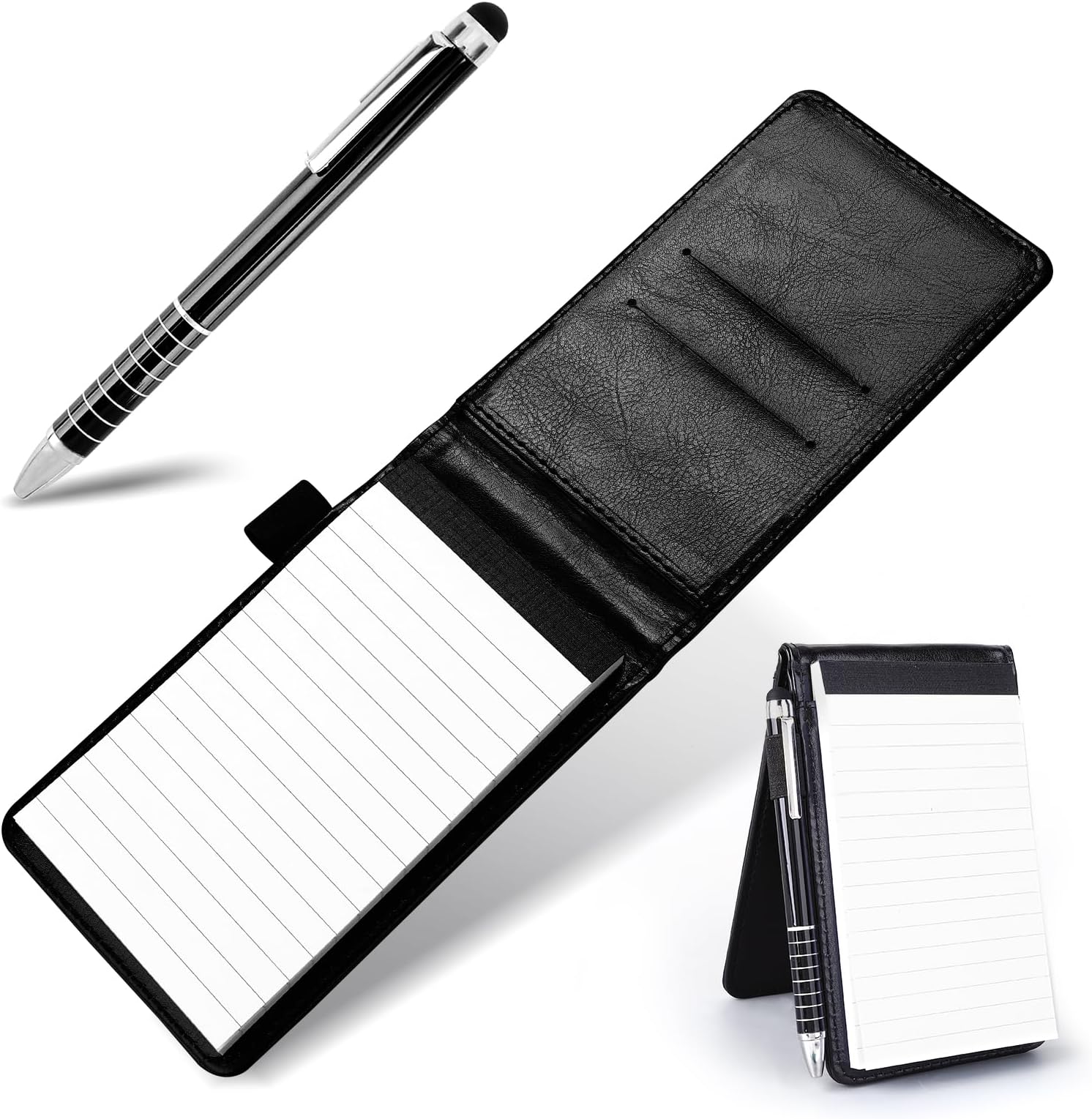 TIESOME Small Leather Notepad Holder with Pen, Pocket Notebook Holder Mini Notepad Memo Book Multifunctional Portable Replacement Notebook with Metal Pen for Offices Schools Restaurants(Black)
