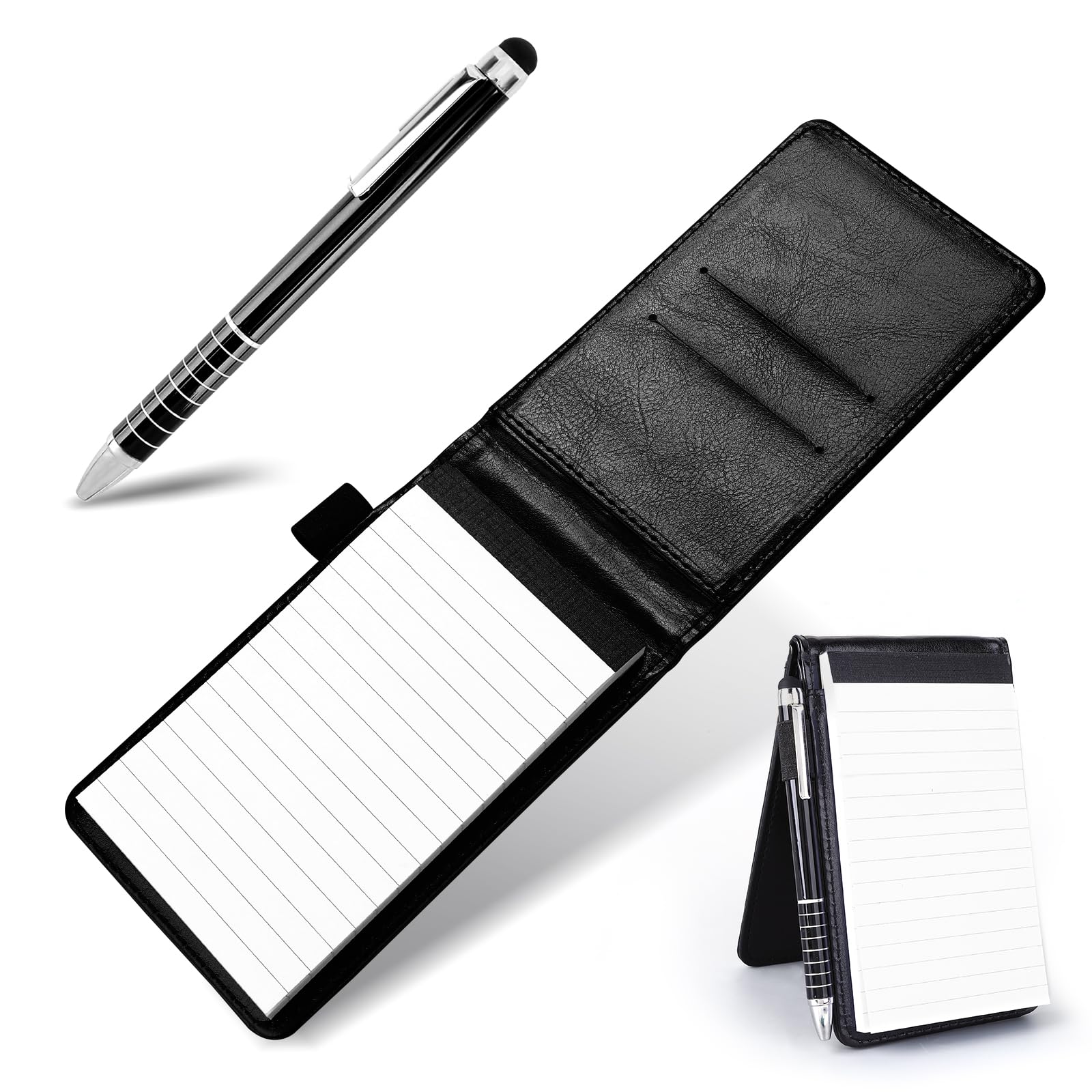 TIESOMESmall Leather Notepad Holder with Pen, Pocket Notebook Holder Mini Notepad Memo Book Multifunctional Portable Replacement Notebook with Metal Pen for Offices Schools Restaurants(Black)