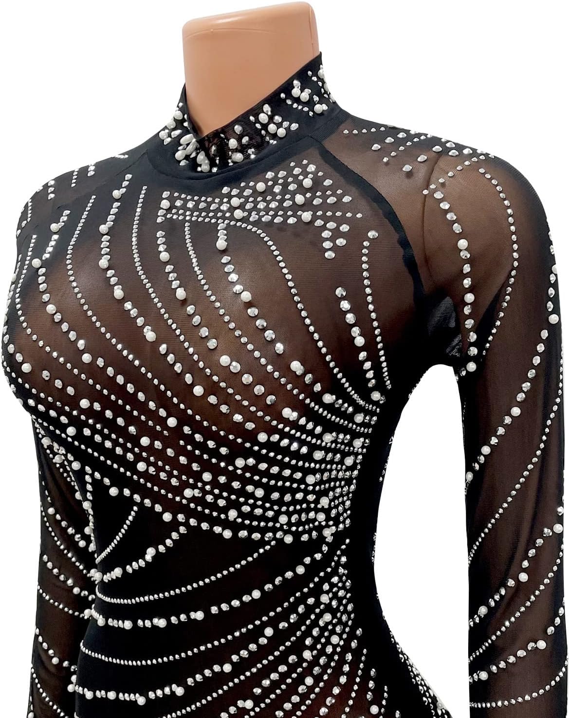 ENOPINK Women Sexy Rhinestone Feather Dress Mesh Sheer Bodycon Long Sleeve Mini Dresses Birthday Outfits Clubwear - Image 6