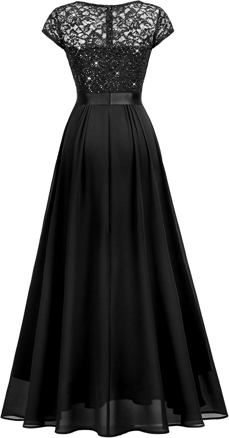 Miusol Women's Elegant V-Neck Cap Sleeve Floral Lace Formal Party Maxi Dress (X-Large, Black) - Image 5