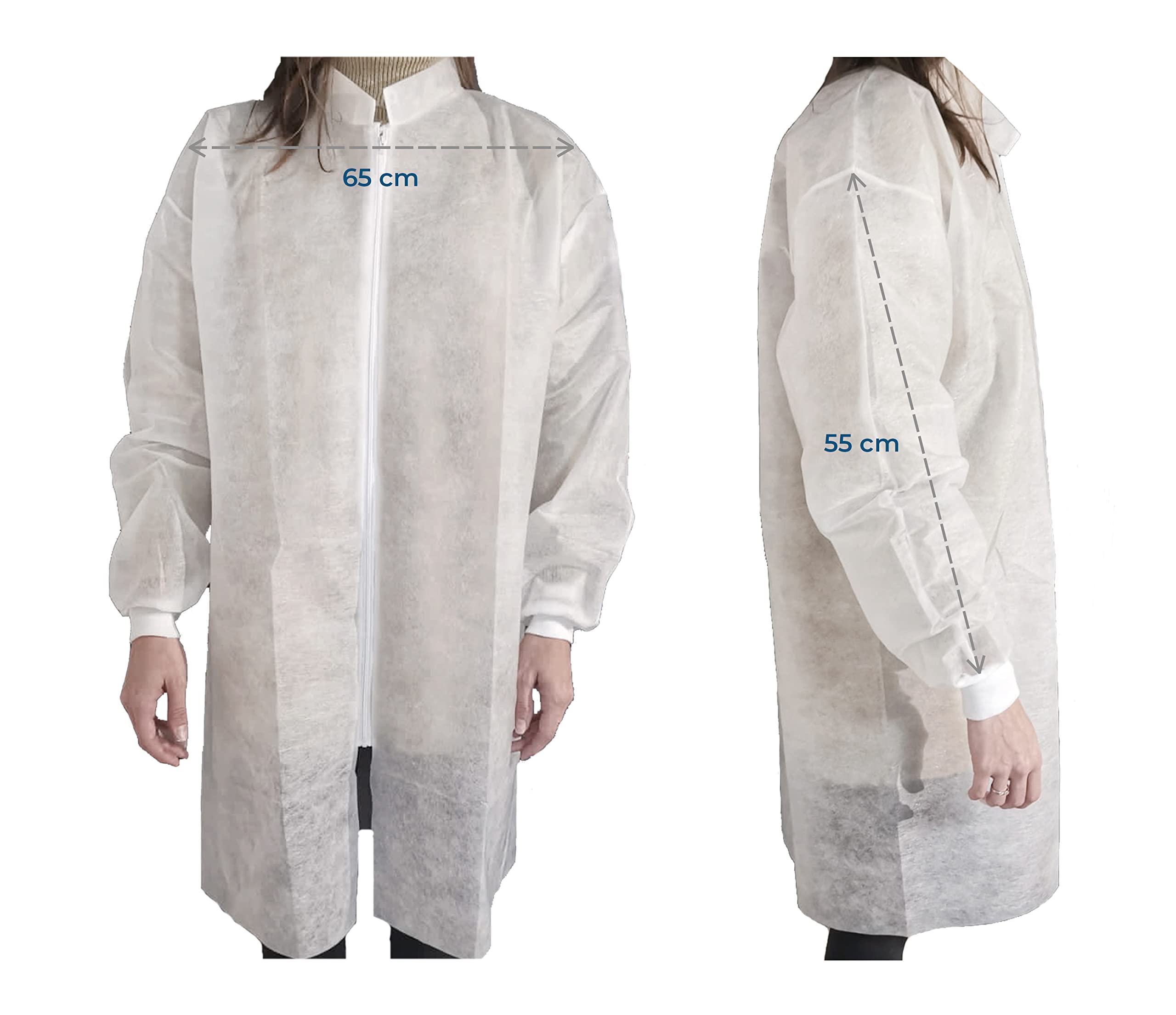10 Surblouse jetable visiteur OneProtek - Taille XL - Fermeture éclair - Blouse blanche manche longue - Poignets jersey - Polypropylène 25 gr