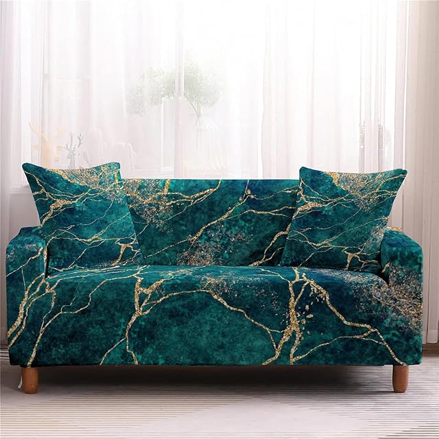 Sofa Slipcovers Settee Couch Sets, Chickwin 3D Marble Nordic Style Color Washable Removable Stretch Fabric Elastic Pet Protector Chair Slipcovers for Sofas Home Decor (Jade green,3 Seater)