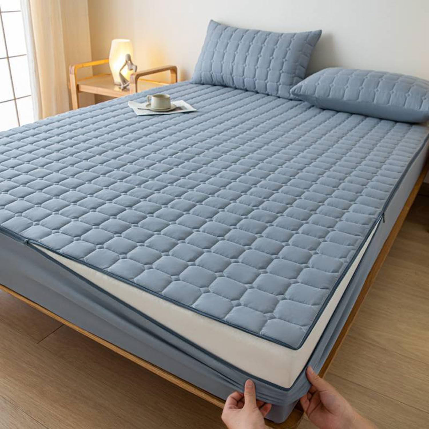 als Matratzenschutzbezug geeignet ，Weiche Matratzenauflage Abdeckung，Verdickt Waschbar Matratzenschutzbezug， Nässeschutz Matratzenbezug-Blue- 90x200+5cm
