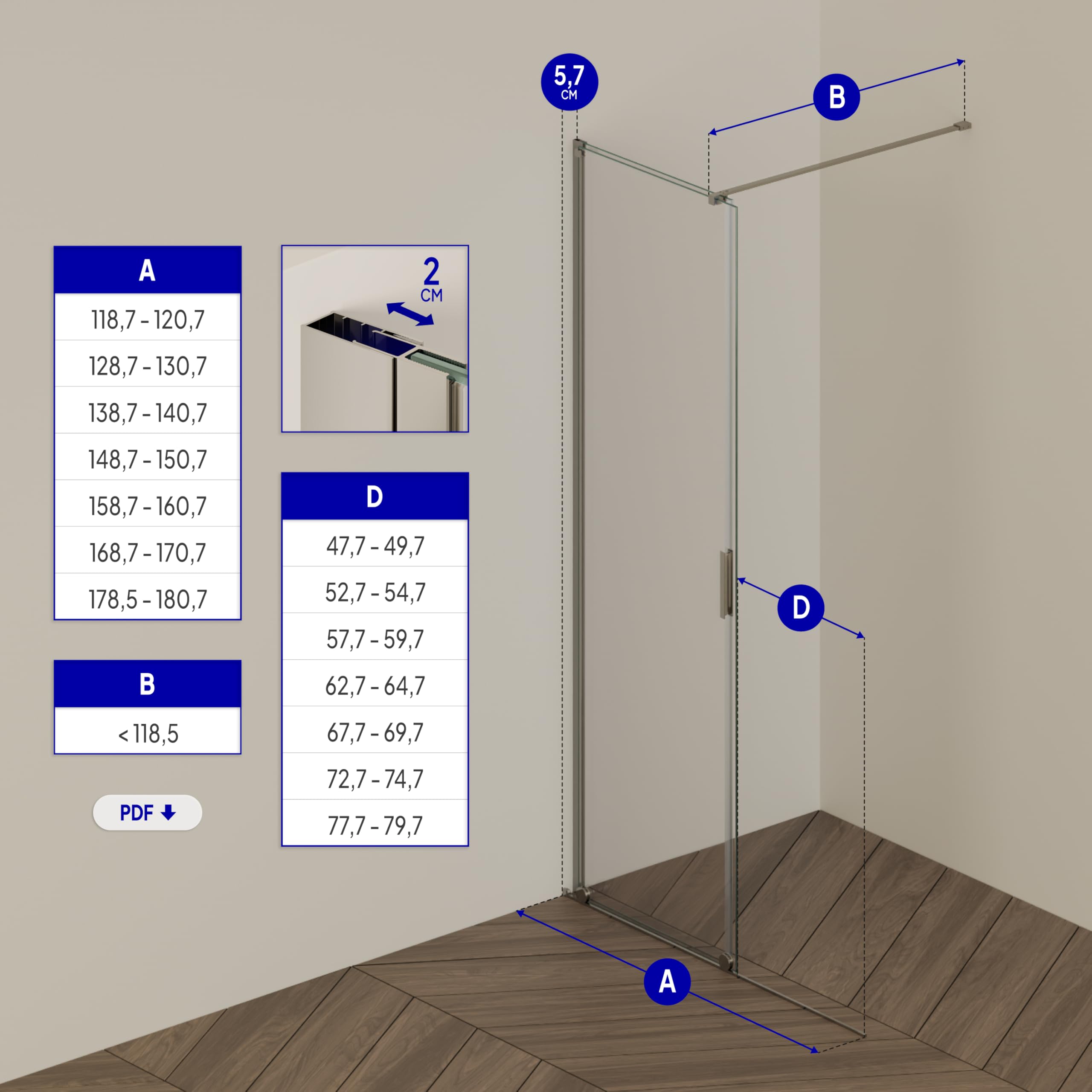 MOG Walk In Ducha con puerta corredera NADINE 120x200 cm en mampara con cristal nano templado de seguridad ESG 8mm - Montaje a la izquierda o a la derecha