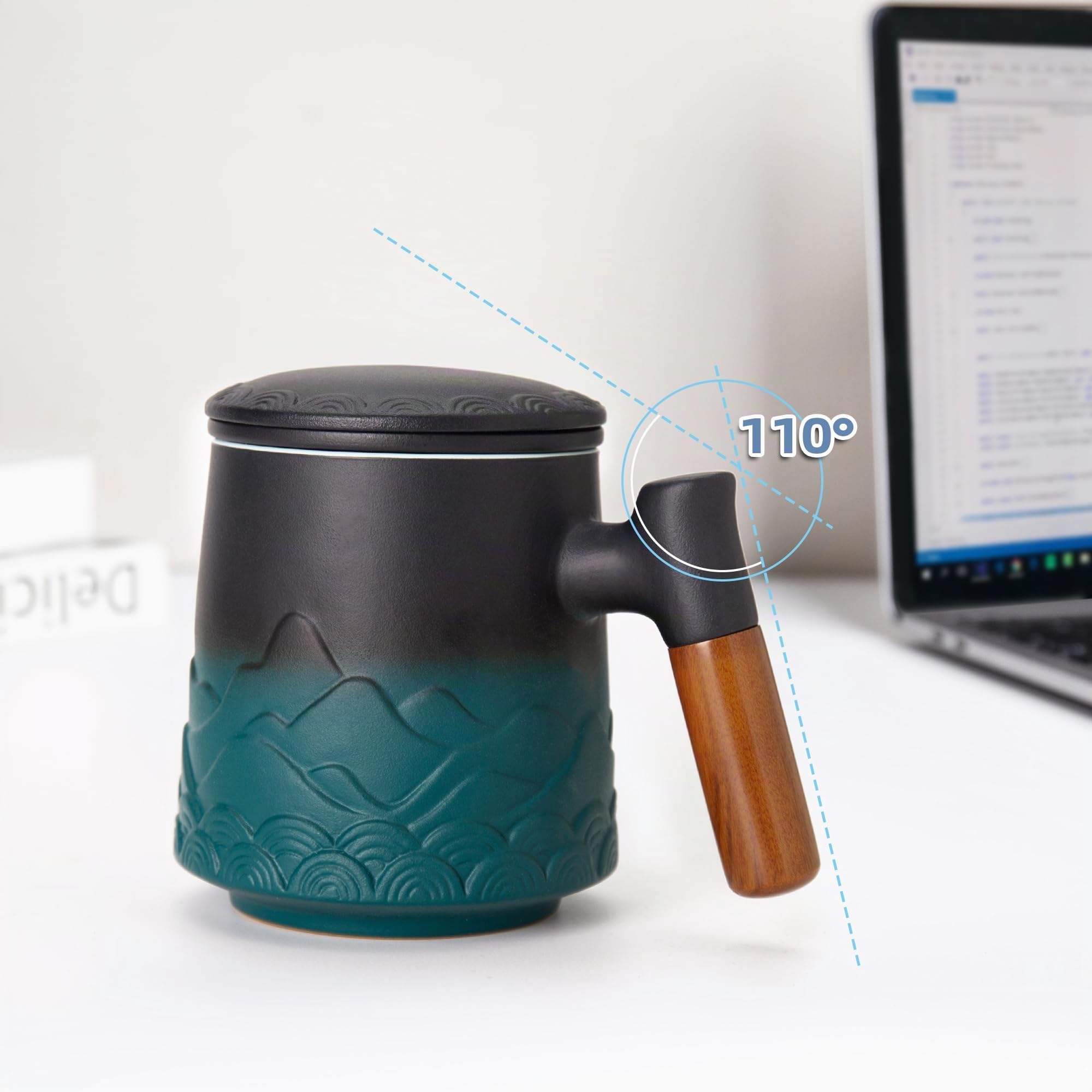 Taza Infusiones con Tapa y Filtro – Tazas de Té 500ml Grande Cerámica Artesanal con Asa de Madera – Regalo para los Amantes del Té, Verde Elegante