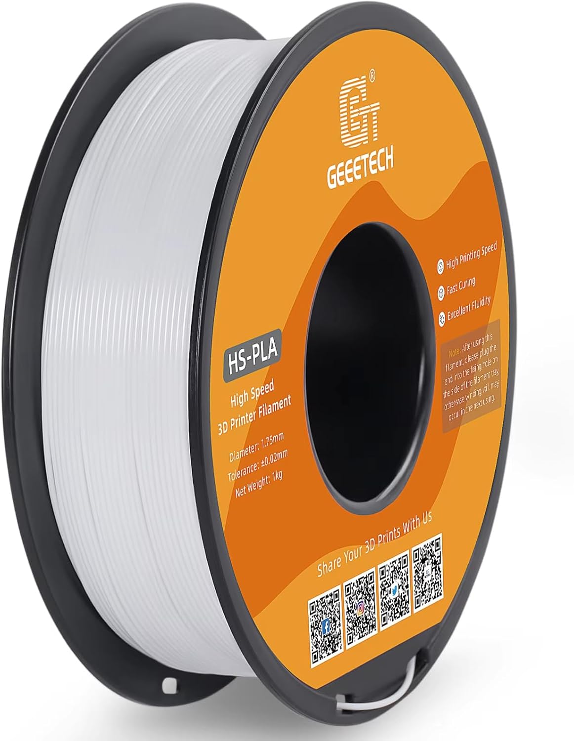 High-Speed PLA Filament 1.75mm 1kg 1 Spool, Fast Curing, Better Liquidity, HS-PLA High-Speed 3D Printing Filament White