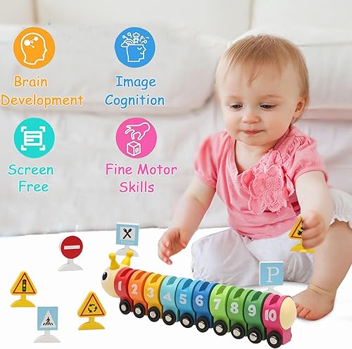 Miniatura 5 de Montessori Juguetes para niños de 1, 2, 3 años, juego de tren de números de oruga de madera, juguetes con letreros de calle, juguetes para niños de