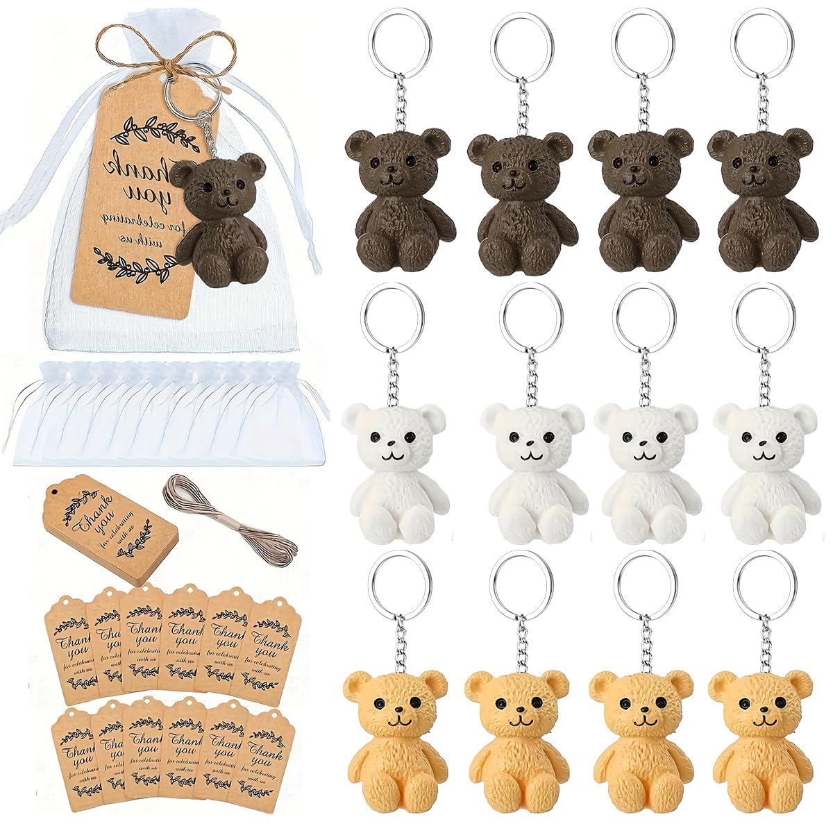 Cartoon Bears Keychain with Bags and Cards, 12pcs Bear Keyring, Mini Bear, Keyring Cute, Key Chain Cute, Animal Key Ring for Party Favors, DIY Crafts Animals, Kids Gifts, Backpack Decoration