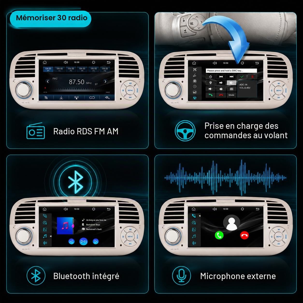 Autoradio Écran CarPlay sans Fil pour Fiat 500 2007-2015 1 DIN Bluetooth