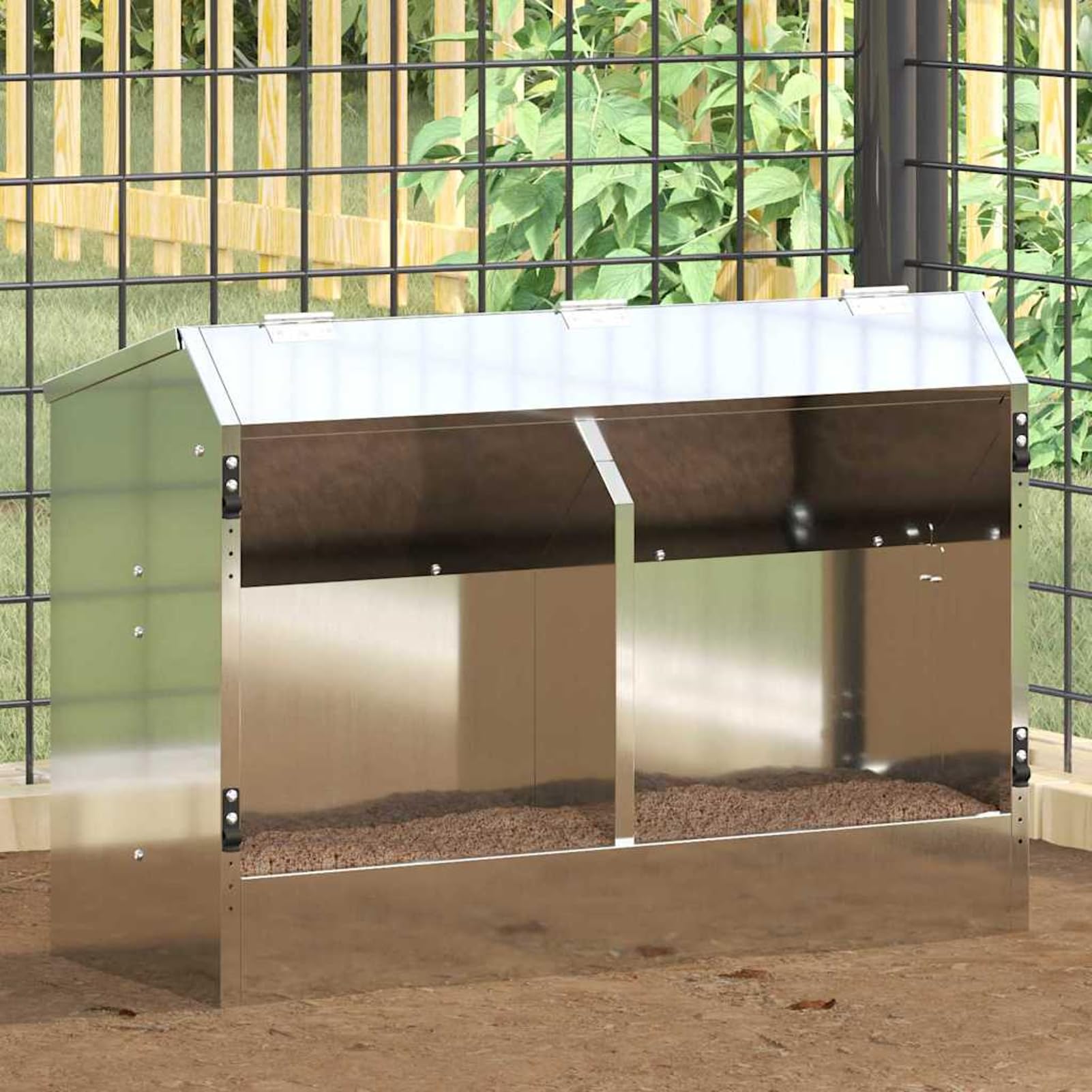 Gecheer Kaninchenfutterautomat, Silber, 64,5 x 25,5 x 45,5 cm, Verzinkter Stahl, für drinnen und draußen