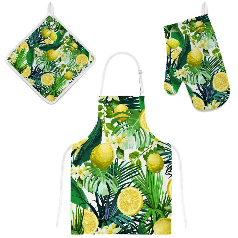 Tablier de cuisine citron et maniques : lot de 3 pièces essentiels pour cuisiner