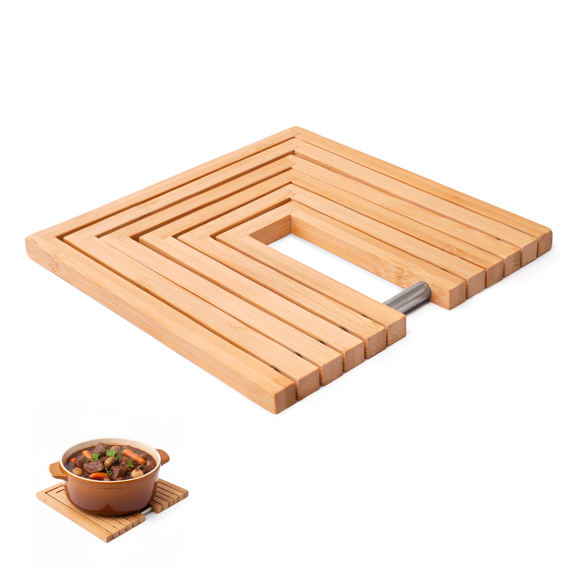 TARUNMO Bamboo Trivet for Hot Pans, Expandable Wooden Heat Resistant Mat with Non-Slip Base, Extendable from 19 to 38 cm, Folding Pot Stand for Kitchen Worktop and Table Protection, 1 Pack