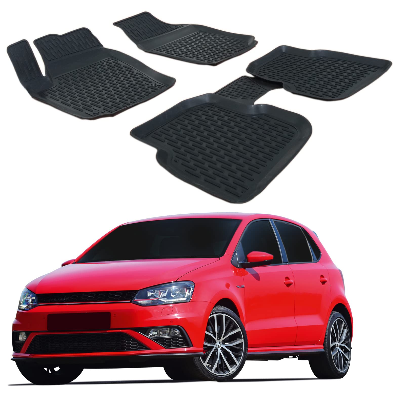 J&J AUTOMOTIVE Tappetini Auto in Gomma Su Misura per Volkswagen Polo 5 6R 2009-2017, Set da 4 Pezzi, Tappeti 3D Design con Bordo Alto, Inodore, Qualità Premium