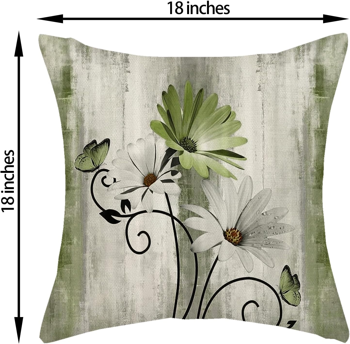 Vintage Throw Pillow Covers 18x18 Inch 2 Pcs Sage Green Daisy Floral Butterfly Decor Pillow Covers Rustic Flower Spring Summer Outdoor Decorative Pillowcase Linen Cushion Cover for Couch Sofa - Image 6