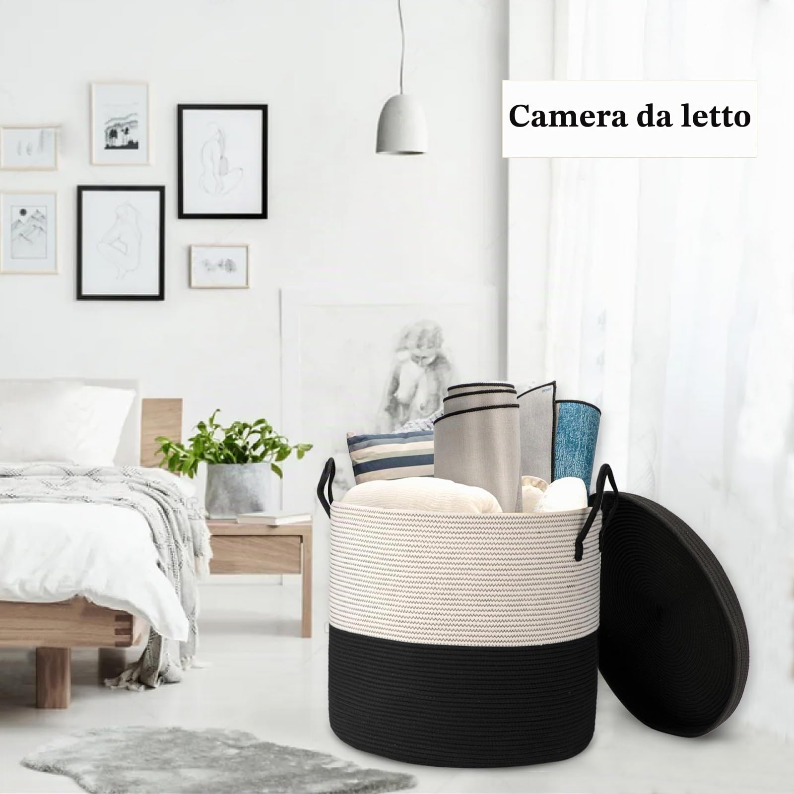 Cesto extra large in corda di cotone con coperchio, 53,3 cm x 45,7 cm (larghezza x altezza), cesto portaoggetti rigido spesso per soggiorno, grande cesto portaoggetti in tessuto, 115 l, nero
