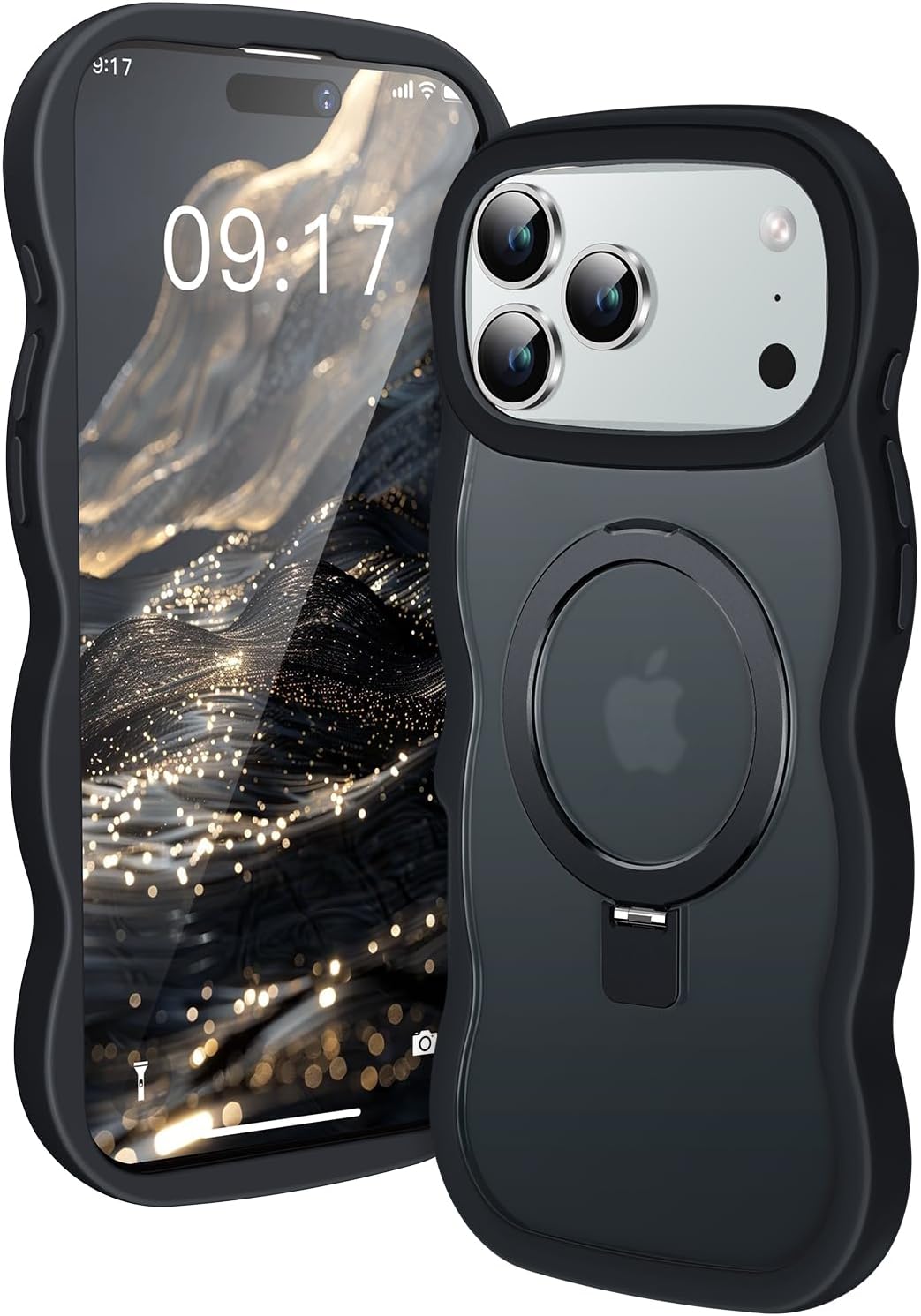 [Cute Wave Frame+Mag Stand] Designed for iPhone 17 Pro Max Case, [Fit for MagSafe] Translucent Silicone Protective Magnetic Ring Phone Case Cover for iPhone 17 Promax 6.9 inch Men Women, Black