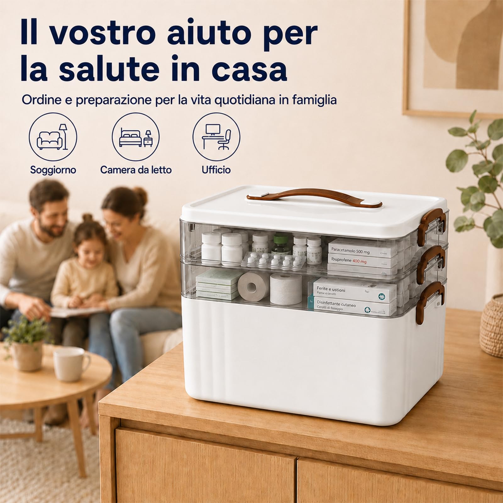 scatola di conservazione per medicinali, 3 livelli con maniglia portatile, organizer per farmaci, contenitore multifunzione per medicinali, gadget, gioielli, accessori per cucito (bianco)