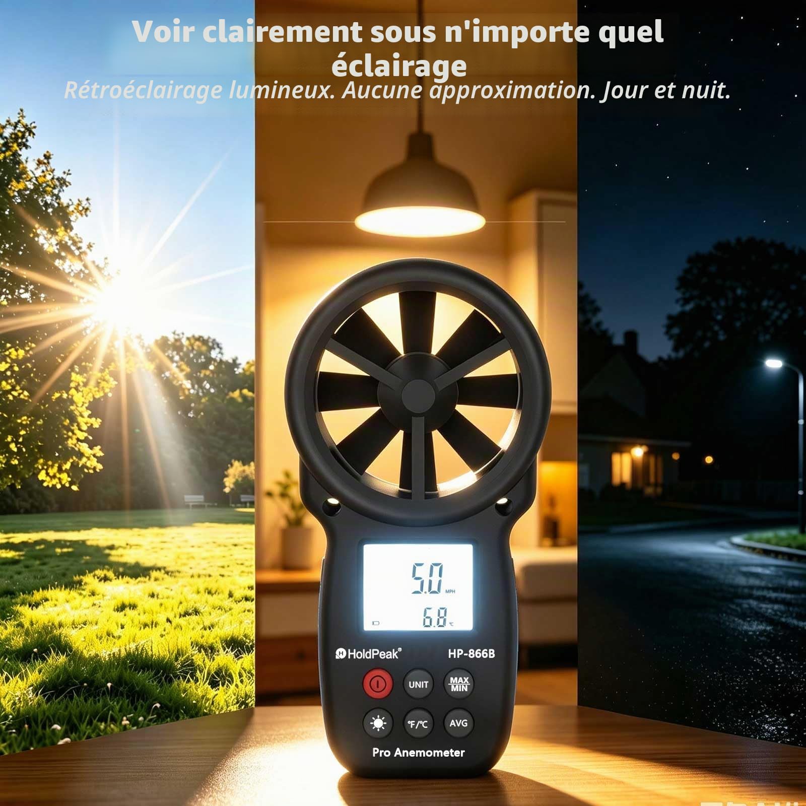 Anémomètre Portable, Anémomètre Numérique Haute Précision, Mesure la Vitesse du Vent, la Température, pour VMC, Extérieur, Drones HP-866B