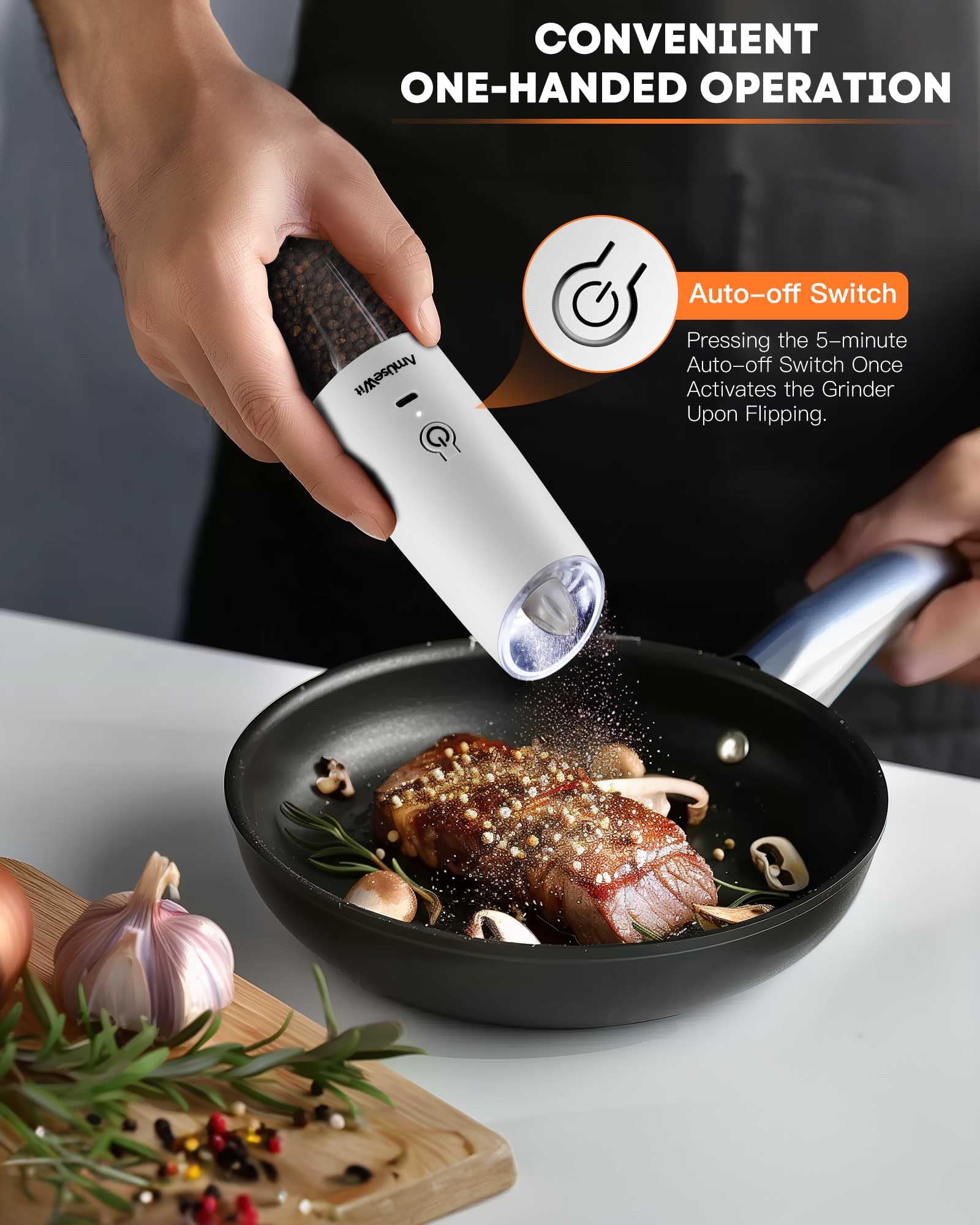 AmuseWit Gravity - Juego de molinillos eléctricos de sal y pimienta [luz blanca] molinillos de pimienta y sal automáticos recargables por USB, grosor ajustable, funcionamiento con una sola mano,