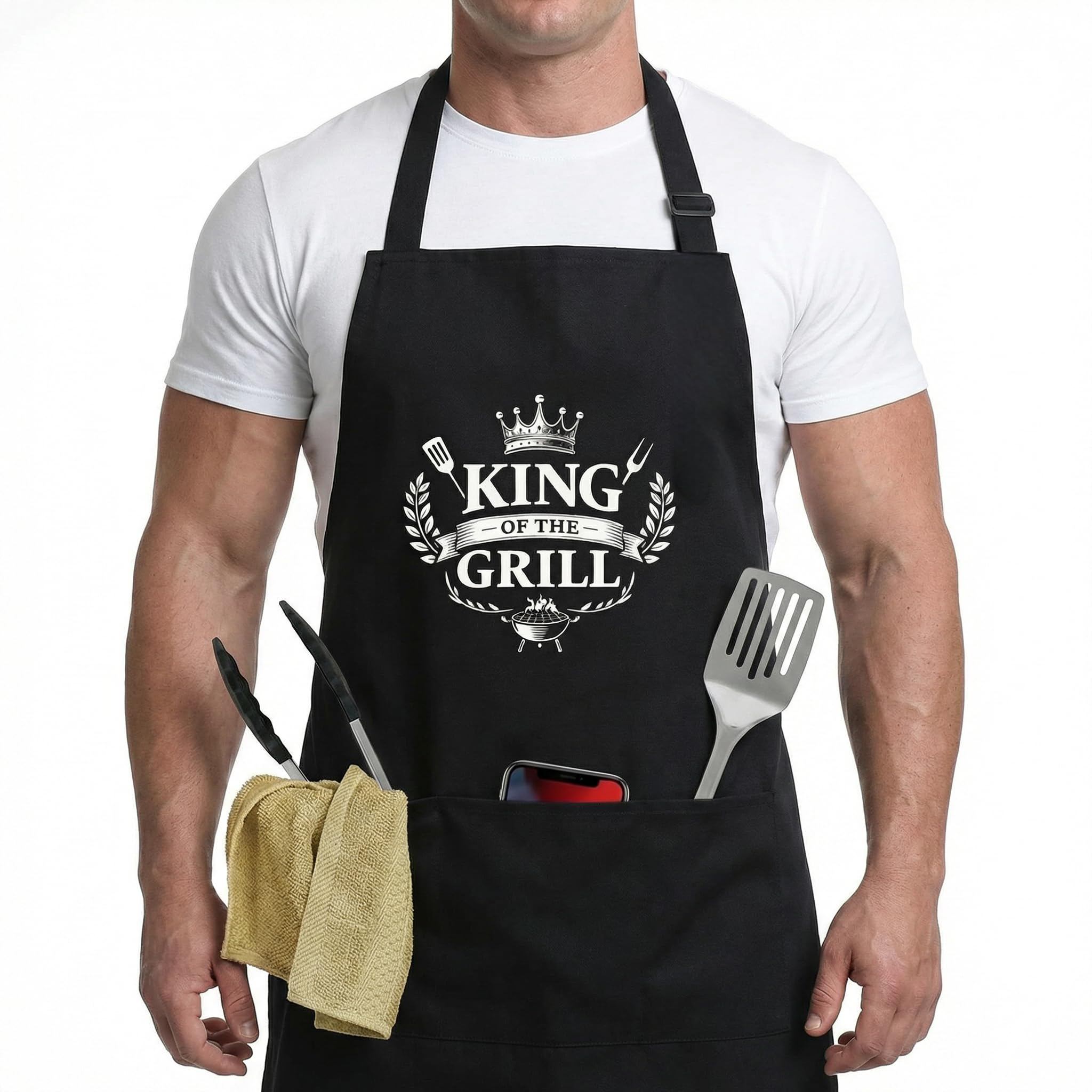 ZJEEACO BBQ Apron Gifts for Men, Funny Cooking Apron with Pockets, Personalised Kitchen Aprons for Outdoor Grilling Accessories, Ideal Christmas Unusual Presents for Dad Grandad Husband (KING)