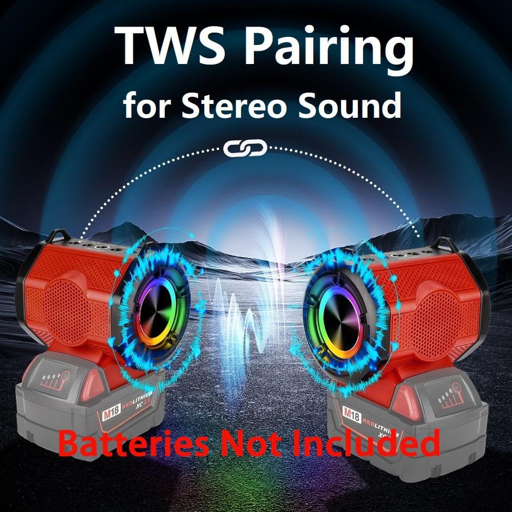 Portable Bluetooth Speaker Compatible with Milwaukee M18 18V Battery Wireless BT5.3 and USB Audio Source, TWS Pairing, Multicolored Lights, Jobsite Home Party Outdoor Speaker(No Battery) - Image 3