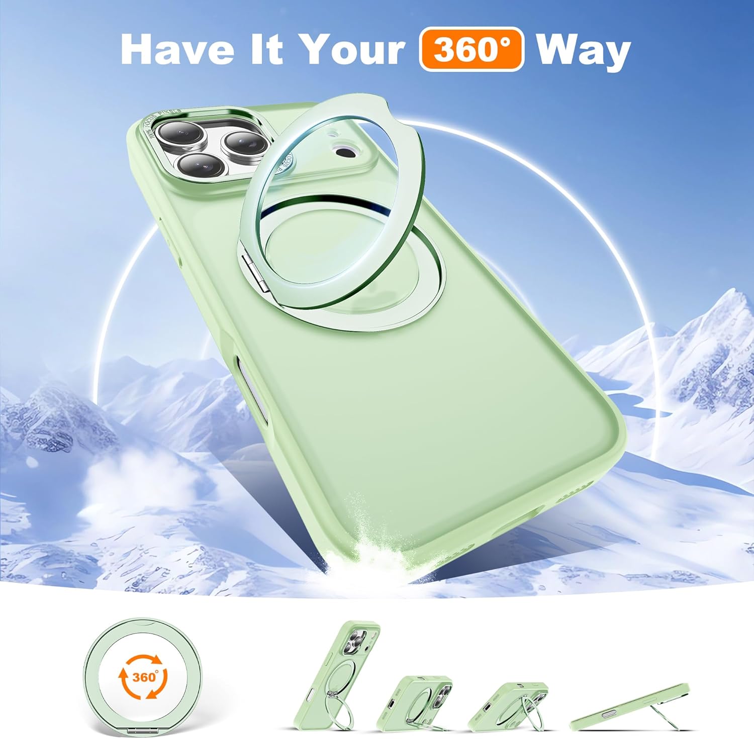 for iPhone 17 Pro Case with 360° Rotatable Magnetic Ring Stand Compatible with Mag-Safe Military Protection Shockproof Matte Translucent Phone Case for iPhone 17 Pro, Green