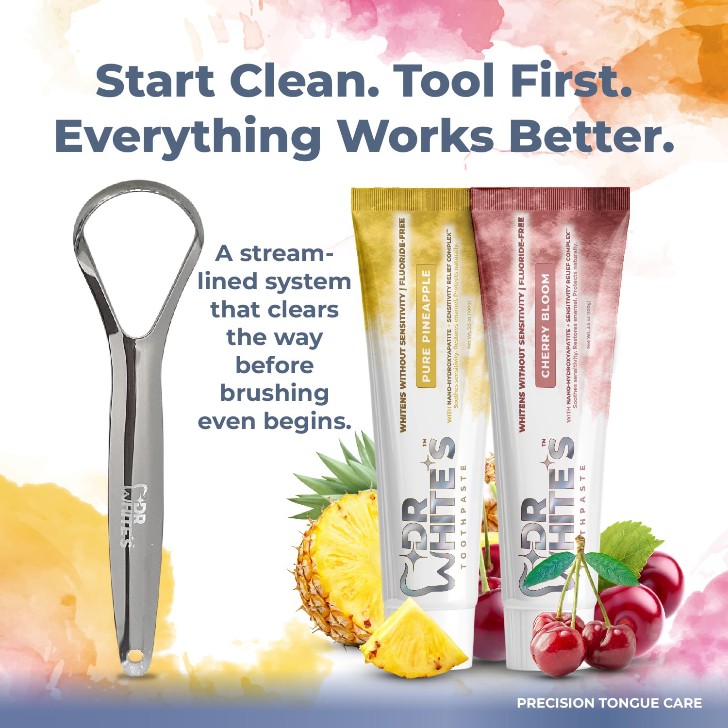 Dr. White’s Fresh Breath Bundle – Single Grip | 420 Stainless Steel Tongue Cleaner + Pure Pineapple & Cherry Bloom Toothpaste