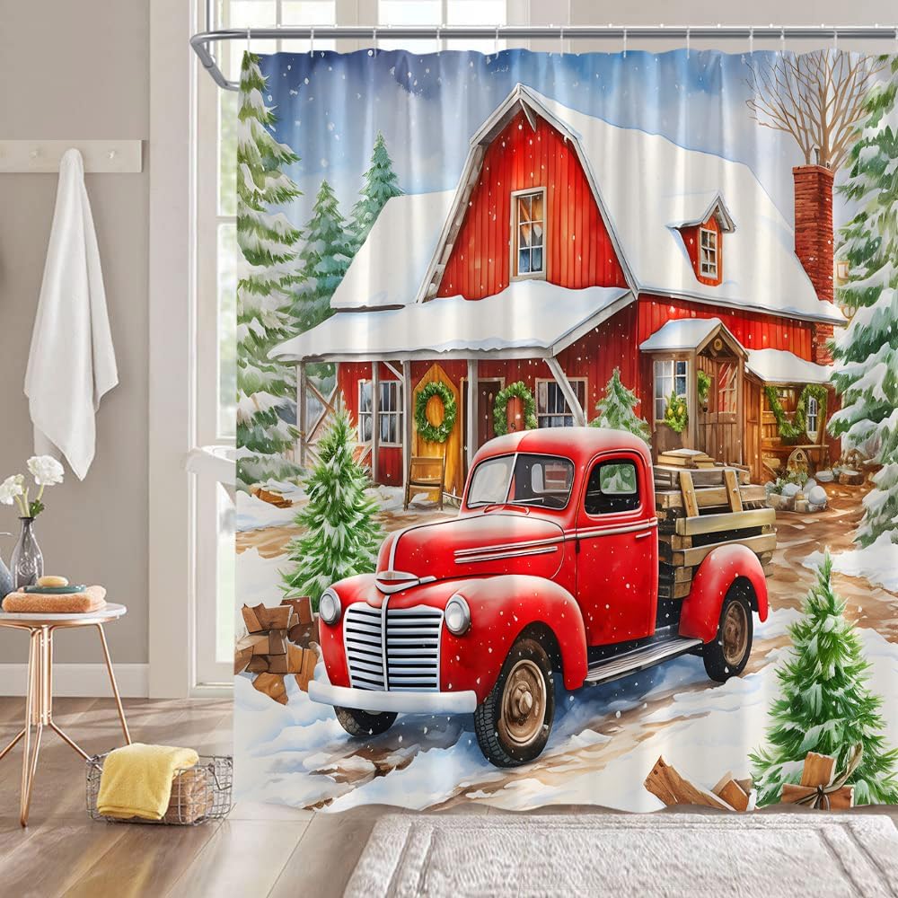 Christmas Truck Shower Curtain Red Retro Truck Pine Tree Forest Vintage