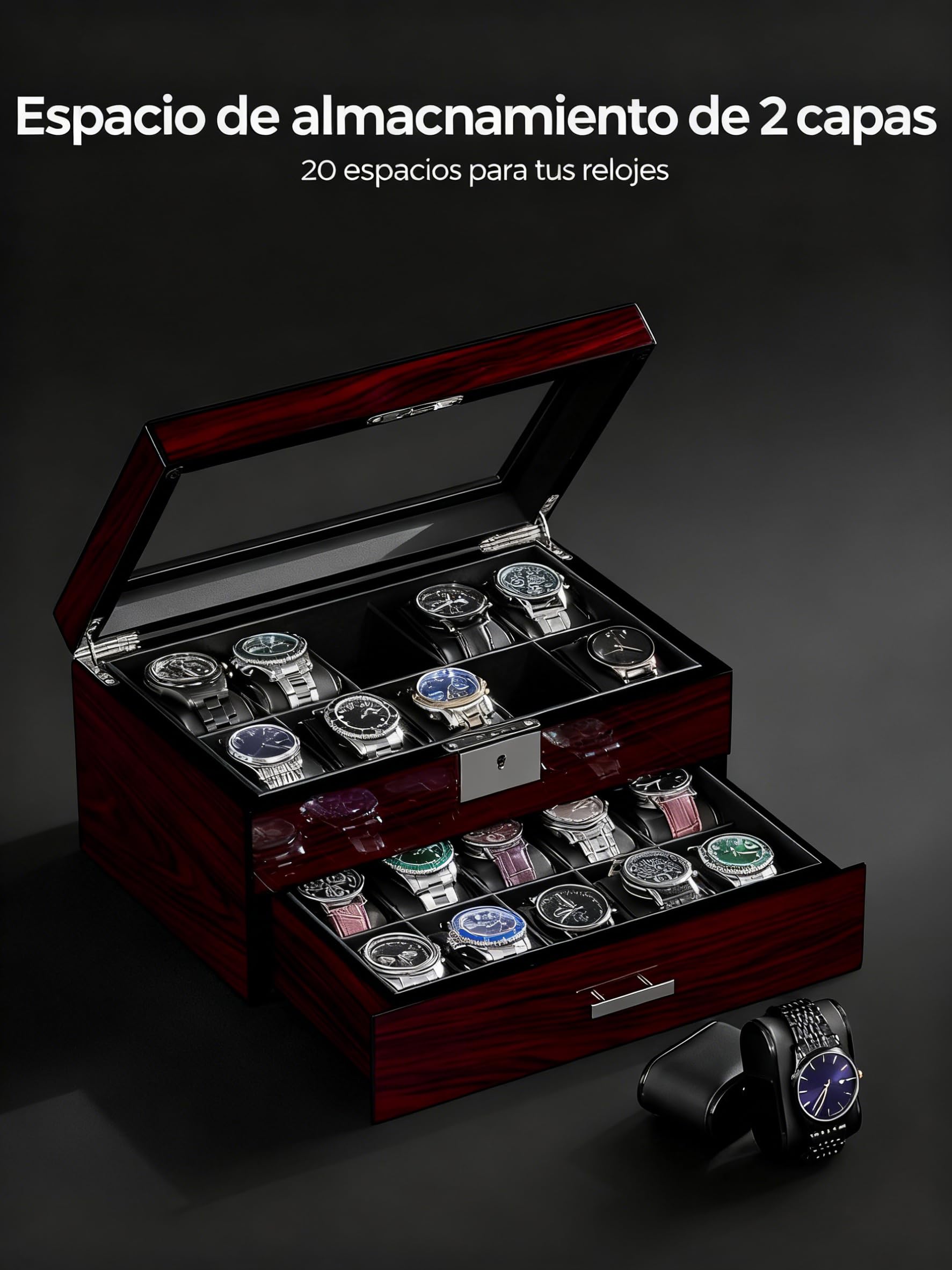 ANWBROAD Caja para Relojes 20 Compartimentos Con Cerradura Vitrina 2 Niveles JWB002Y