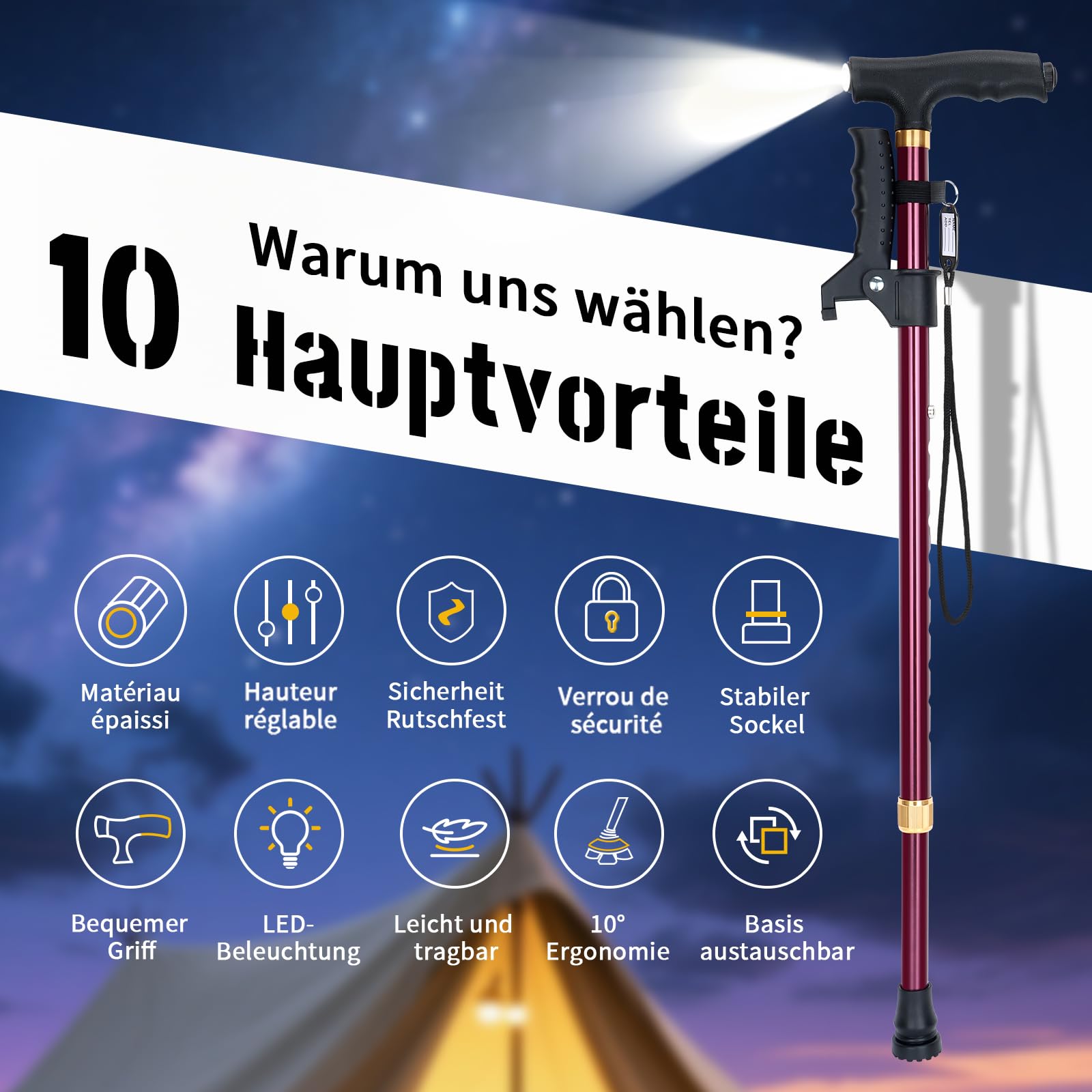 Bastón de caminata plegable – Bastón de marcha ajustable en altura, caña de viaje ligera y flexible, ayuda a la movilidad plegable para equilibrar, para hombres y mujeres