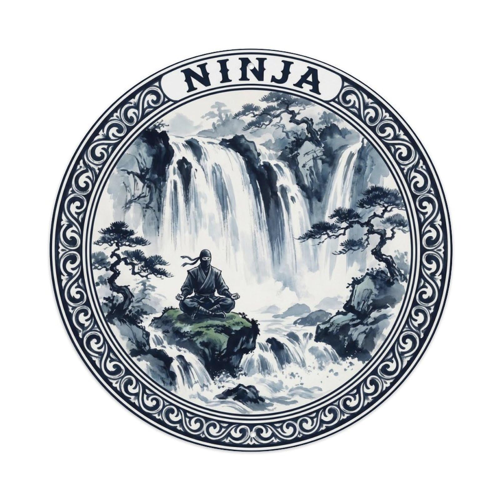Olyhtr 8X8inch Classic Style Ninja Waterfall Meditation Ink Wash Blue Black Metal Tin Sign