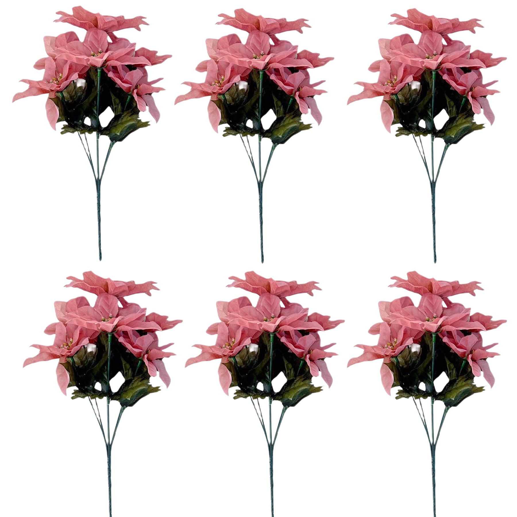 Poinsettia Artificial Flowers 7 Heads Artificial Poinsettia Bushes Fake Flowers Artificial Christmas Flower Silk Poinsettia Arrangement for Christmas Tree New Year Holiday Decoration (Pink, 6 PCS)