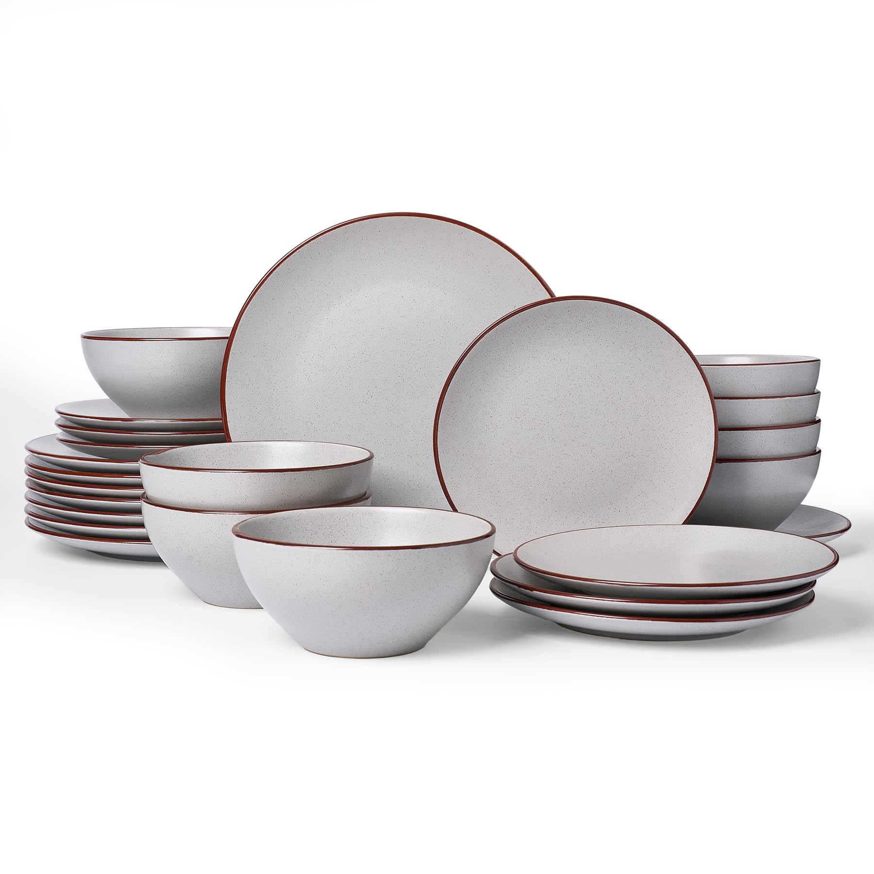 Richmount Venus Plates and Bowls Sets, Speckled 24-Piece Plate Set, Stoneware Dinner Set for 8 with Dinner Plates, Dessert Plates, Cereal Bowls, Microwave & Dishwasher Safe, Light Gray