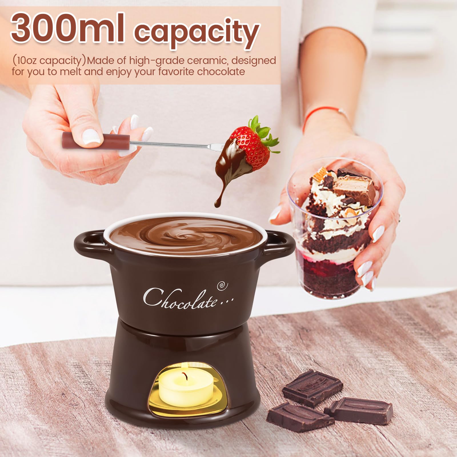 2 Pièces Tasse à Fondue au Chocolat, 300ml Services à Fondue au Chocolat avec Fourchettes- Mug Fondue au Chocolat en Céramique - Tasse Chauffante pour Chocolat et Fromage Bonbons Cadeaux