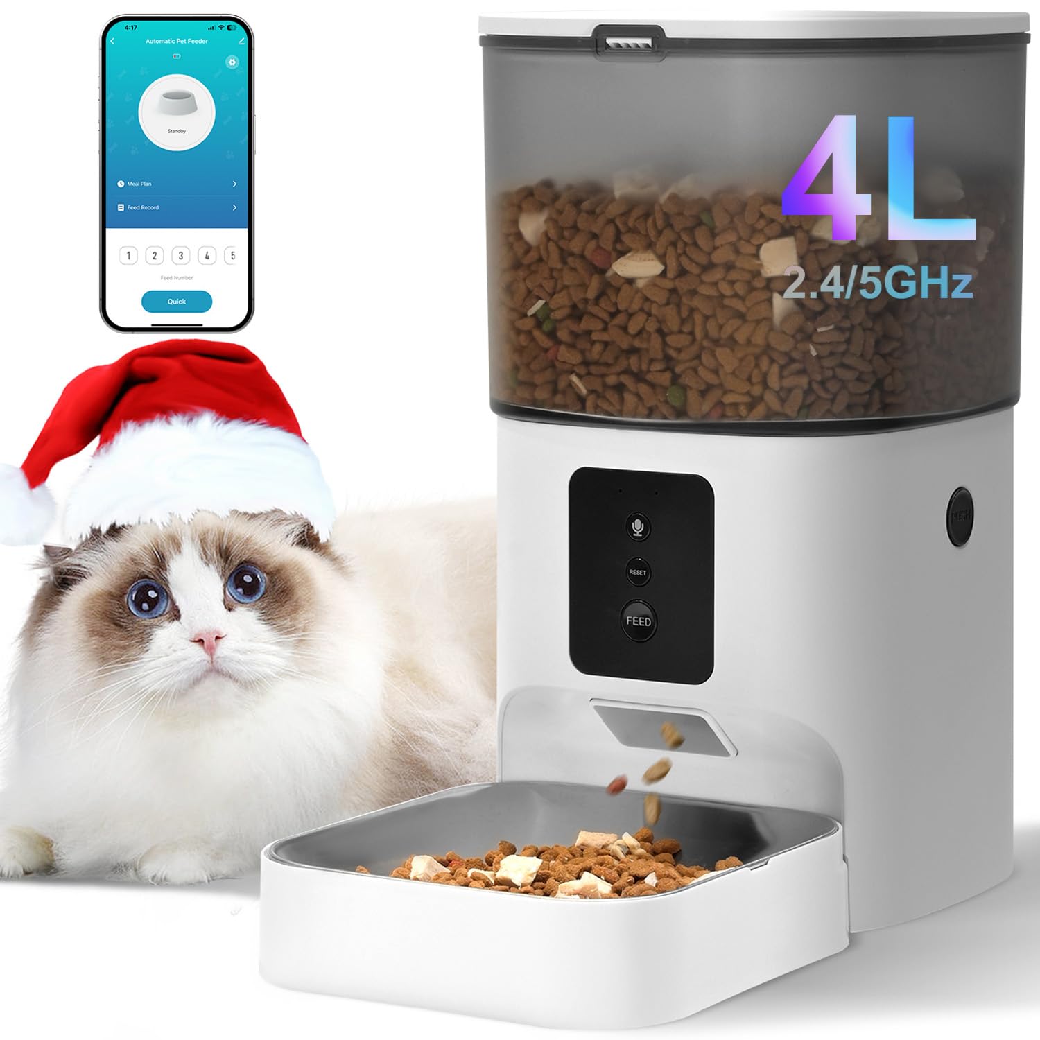Comedero automático para gatos, dispensador de alimentos para gatos de 4 litros con grabadora de voz de 10 segundos, comedero para mascotas de hasta 8 comidas por día, comedero para perros con anillo