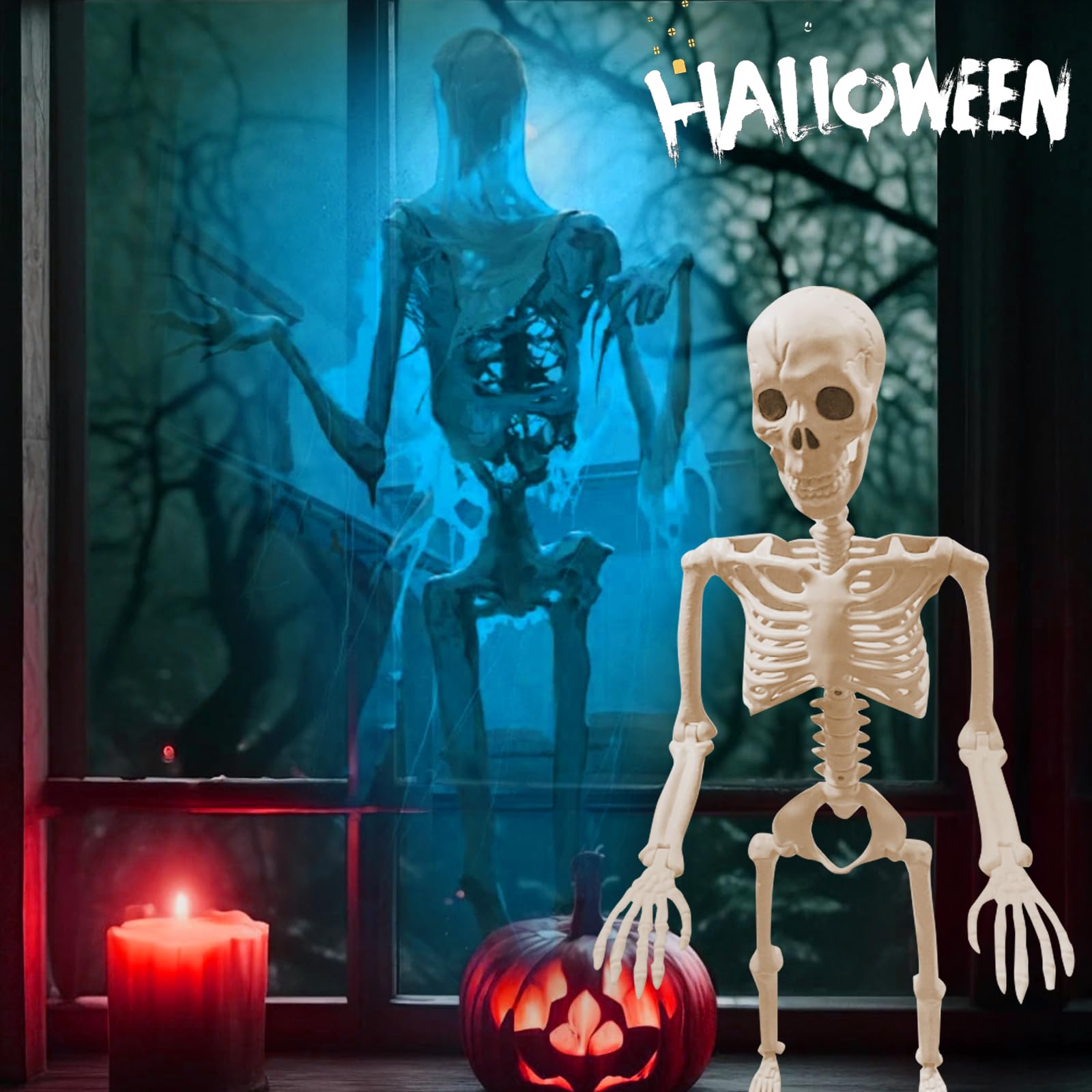 BRALEM Posable Halloween Squelettes, Tout Corps Halloween Squelette Avec Mobile Articulations, Halloween Décoration, Pour Extérieur Intérieur Jardin Maison Patio (90cm),B