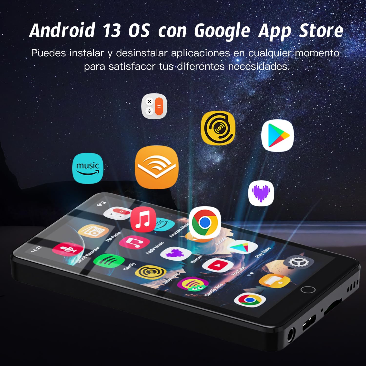 Reproductor MP3 de 160 GB con Android 13, reproductor MP4 con Bluetooth y WiFi, pantalla táctil IPS HD de 4,02 pulgadas con altavoz, reproductor de música compatible con Spotify, YouTube y Play Store.