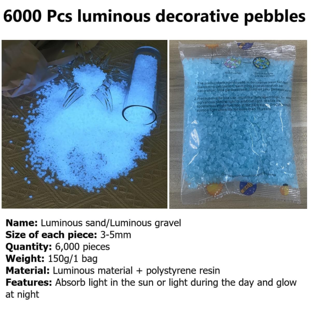 Lot de 6 000 petits graviers lumineux - Pierres fluorescentes pour aquarium - Pierres décoratives en résine - 3-5 mm - 150 g (bleu clair)
