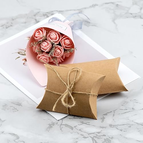 Miniatura 5 de IFAMIO 50 cajas de regalo de almohada de papel kraft con cuerda de yute, pequeñas cajas de dulces para regalo de joyas, embalaje de jabón, mini caja
